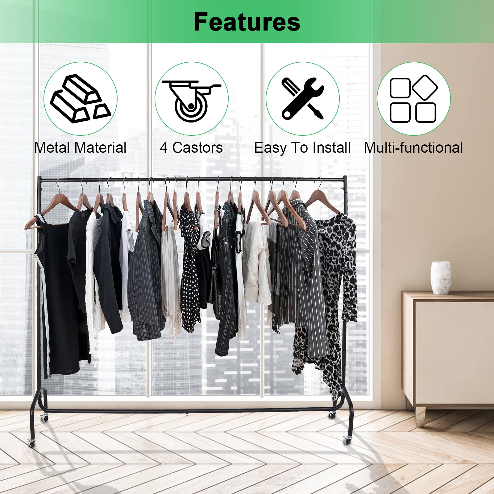 Clothes Rails for Bedroom, Heavy Duty 6FT Moveable Hanging Garment Long