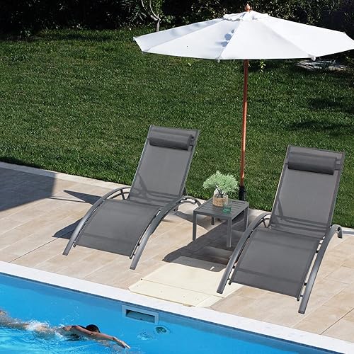 VARVIND Juego de 3 sillas de salón de aluminio para exteriores, con reposacabezas, tumbona para tomar el sol, sillas de bronceado para piscina,