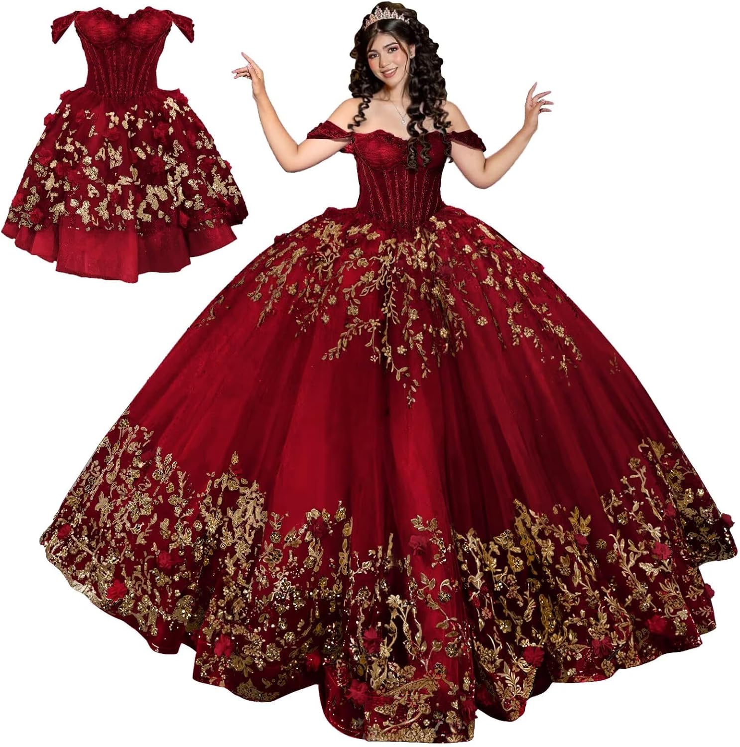 Mauuwy Gold Lace 2 in 1 Quinceanera Dresses Ball Gown Off Shoulder 3D Floral Sweet 15 16 Dresses Tulle Prom XV Dresses