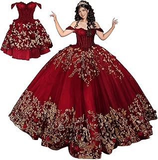 Gold Lace 2 in 1 Quinceanera Dresses Ball Gown Off Shoulder 3D Floral Sweet 15 16 Dresses Tulle Prom XV Dresses - Buy now