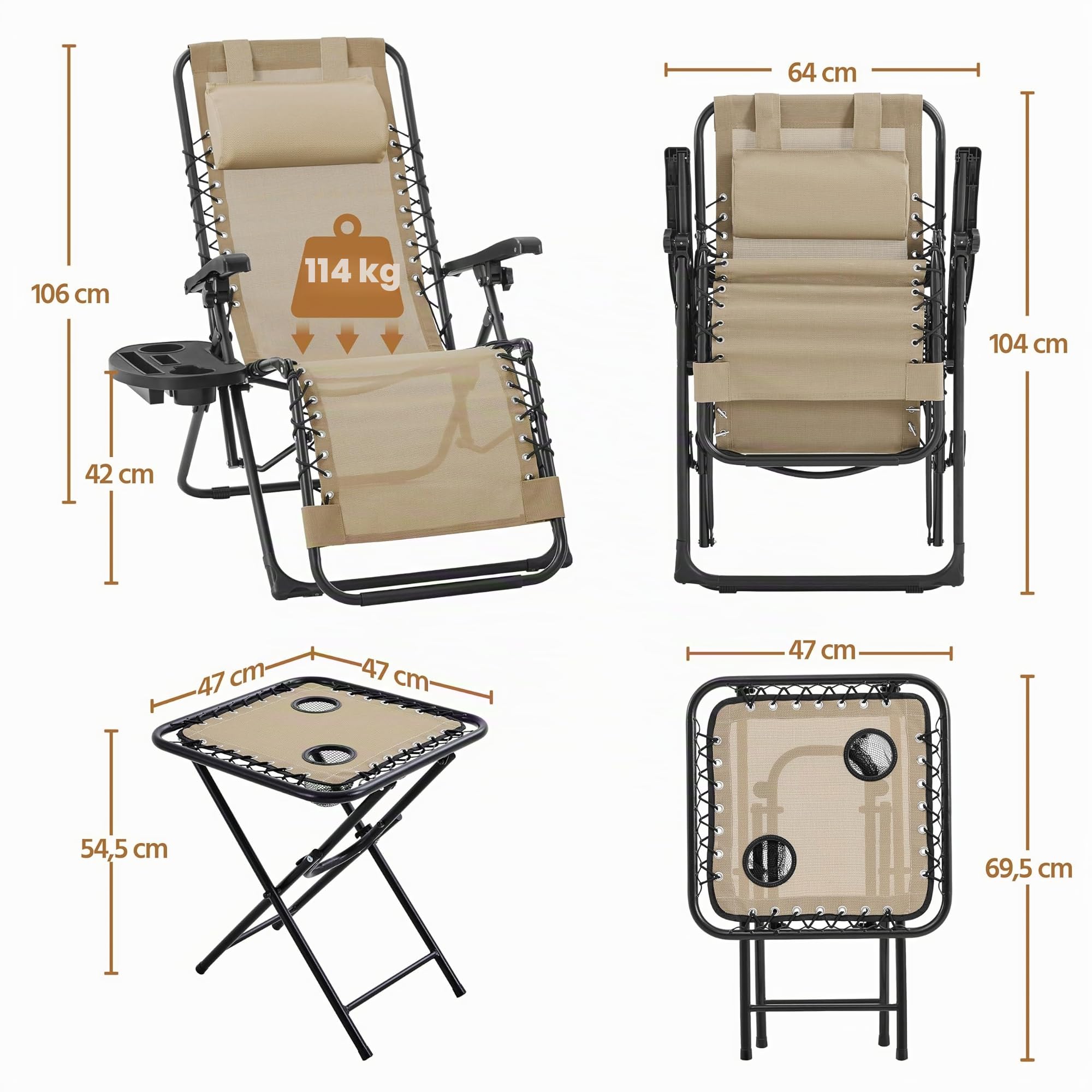 Yaheetech 2 Tumbonas o Sillas de Exterior Plegables y reclinables, con Mesa Auxiliar, Portavasos, Reposacabezas, Tumbonas de Gravedad Cero con Respaldo Ajustable, para Patio, Piscina, Beige