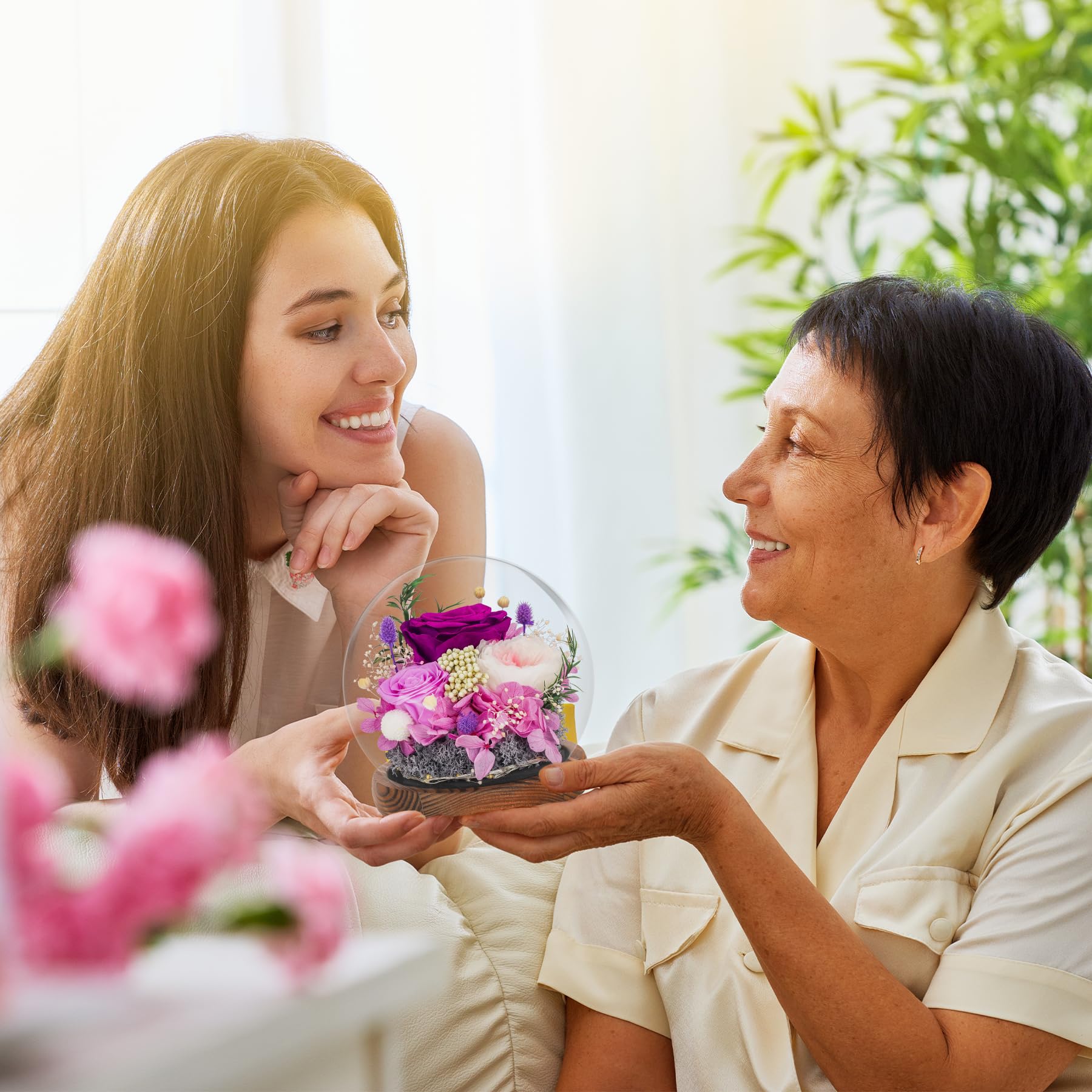 CSYY Rosa Eterna LED Luces Infinito Flor Preservada Bola de Cristal Vidrio Morado y Austin con Hortensias y Flores de Arroz para Mujeres Mamá Novia Esposa Día de Cumpleaños Púrpura