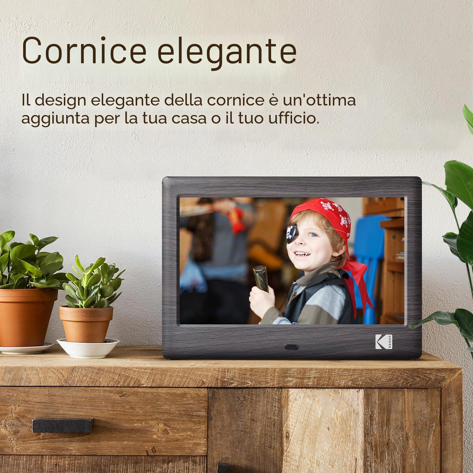 KODAK Cornice digitale da 7 pollici, con schermo IPS, lettore foto/musica/video/calendario/allarme, supporto USB o scheda SD, rotazione automatica, con telecomando