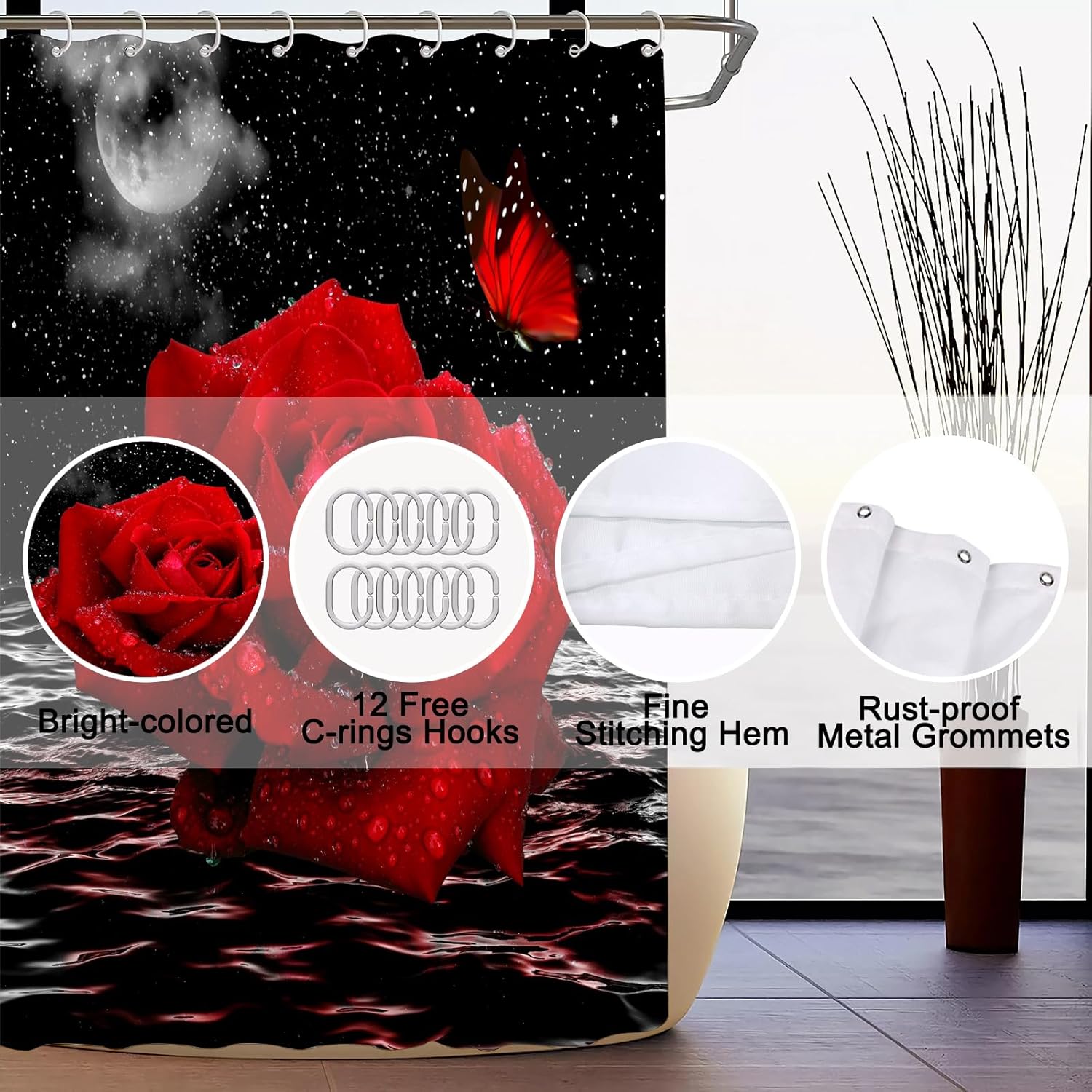 ALEXEX 4 PCS Red Rose Shower Curtain Sets,Black Sky Bathroom Set with Shower Curtain and Rugs and Accessories,Lunar Ocean Raindrop Shower Curtain Bathroom Decor with 12 Hooks,72 X 72 Inches