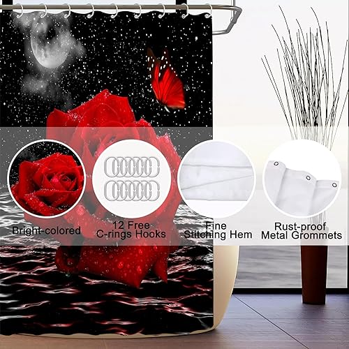 Miniatura 7 de ALEXEX Juego de 4 cortinas de ducha con rosas rojas, juego de baño de cielo negro con cortina de ducha y alfombras y accesorios, cortina de ducha