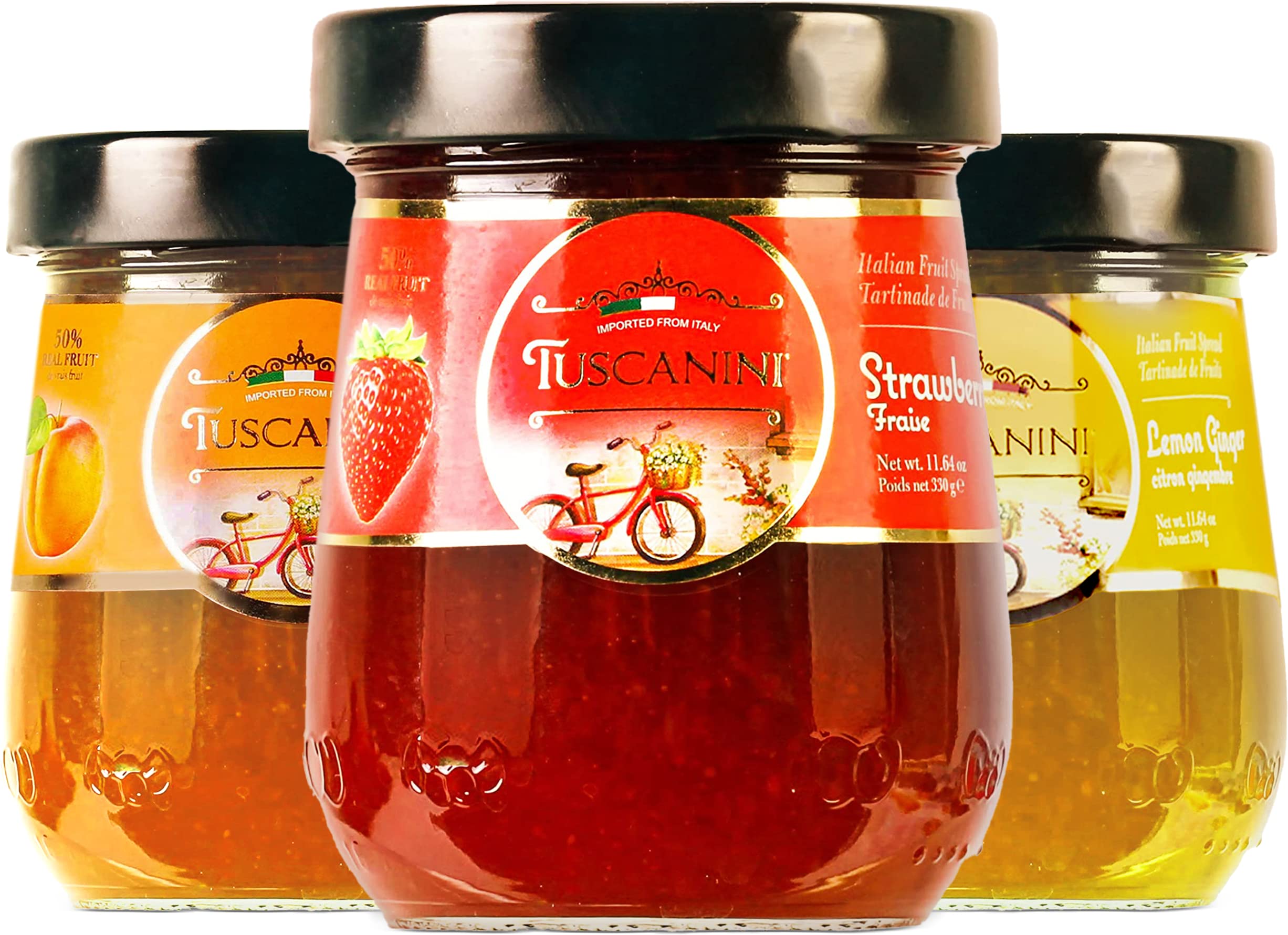 Tuscanini Premium Italian Preserves, Variety Pack, 11.64 oz Jar (3 Flavors) | Lemon Ginger, Apricot, Strawberry | 50% Real Fruit | Spreadable Jam | No High Fructose Corn Syrup | No Preservatives | Non GMO | Gluten Free | Kosher