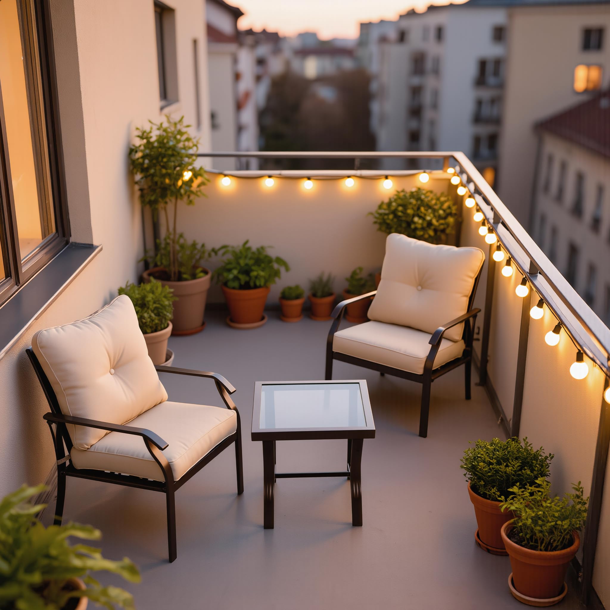 Set Bistro da Giardino 3 Pezzi BORA BORA – 2 Poltrone con Cuscini Beige + Tavolino Quadrato 50x50 cm Piano Vetro Temperato – Arredo Outdoor Balcone Terrazzo – Struttura Acciaio Marrone