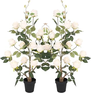 Bellacat 3ft Artificial Rose Bushes with Cream White Flowers, 36in Faux Rose Bush with Lifelike Leaves, Fake Roses Flower Tree for Patio Porch Living Room Indoor & Outdoor Decor, 2 Pack