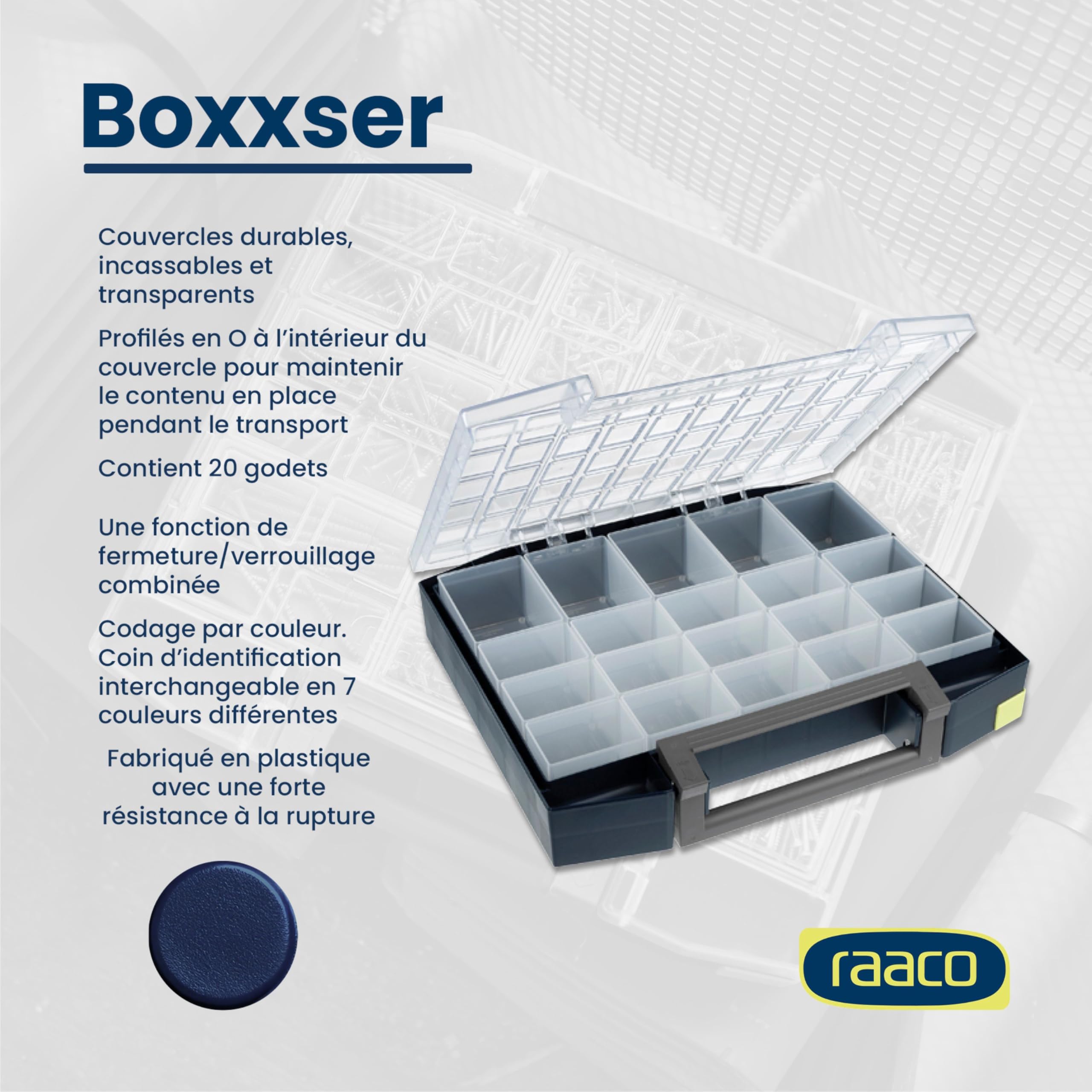 Raaco Boxxser 80 5x10-20 boîte de rangement, 20 compartiments, système | Boîte de Rangement Visserie Premium pour Atelier avec 20 Compartiments, Stockage Sécurisé, Portable, 36.1 x 42.1 x 7.8 cm