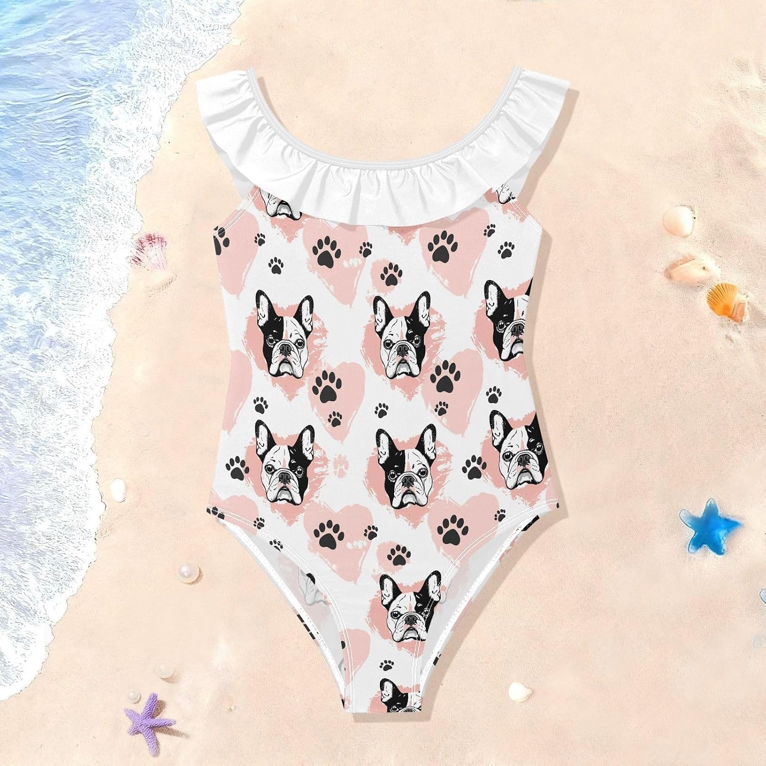 visesunny Girls One Piece Swimsuits Ruffle Swimwear Pink French Bulldog Bathing Suits for Girls 3-6Y