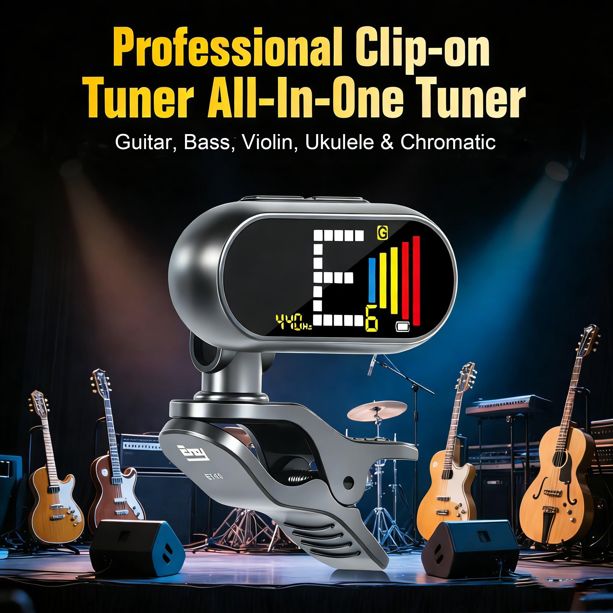 EX Afinador de guitarra profesional recargable con pantalla LCD, afinador cromático de clip para guitarra acústica, bajo, ukelele, violín y todos los instrumentos