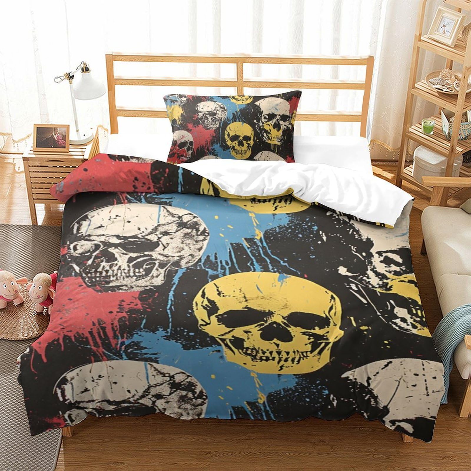 Housse de couette crâne 3D pour relooker une chambre d'ado avec cette parure de lit 135x200cm