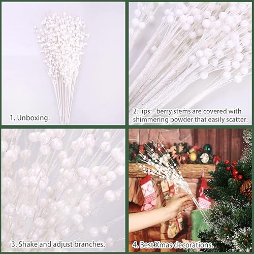 Vista 5 de 12 PCS Artificial Glitter Berry, White Christmas Glitter Picks Artificial Berries Stems for Christmas Ornaments Fake Sticks for Vases Tall DIY