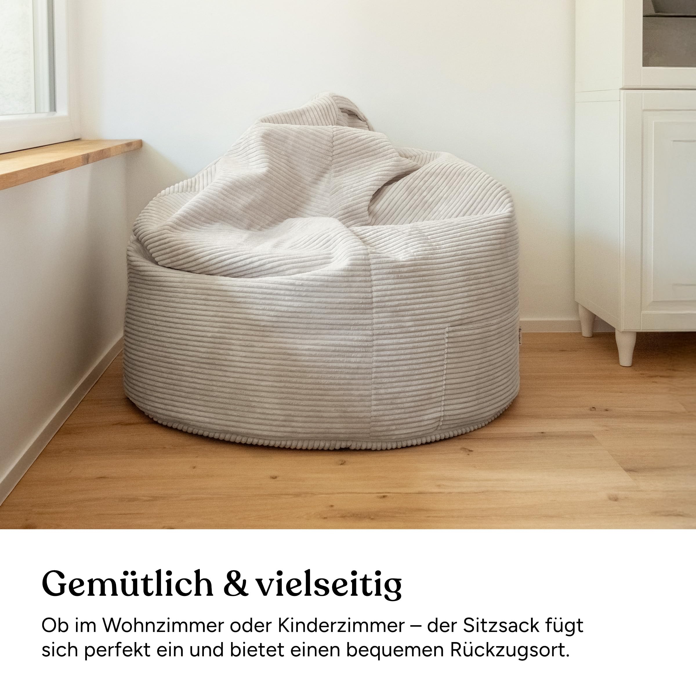 Ehrenkind® Sitzsack XXL aus Cord | Für Körpergrößen von ca. 140–190 cm | Bequem & ergonomisch | Weicher, abziehbarer Cordbezug | Natur