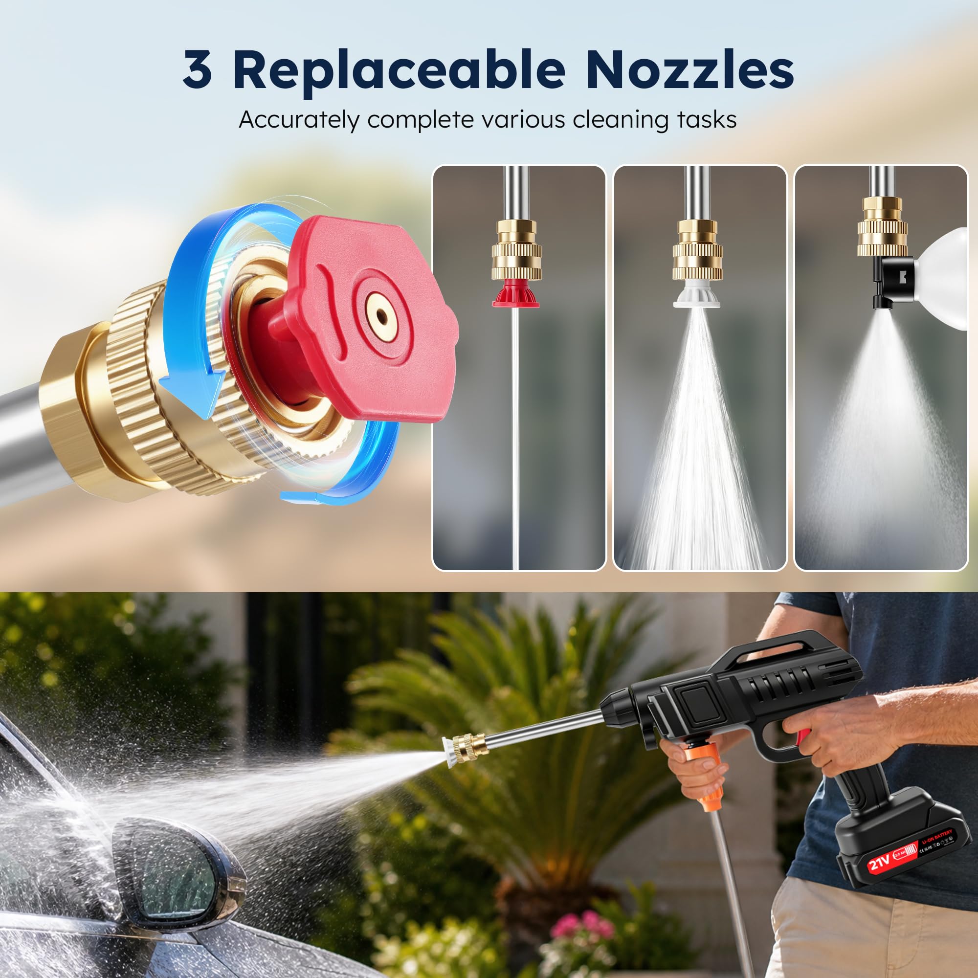 1500W Nettoyeur Haute Pression sans Fil avec 2 * 2Ah Batterie 21V Portable avec 2 Buses (0° 40°) 5m Tuyau Seau Connecteur Pot en Mousse Adapté pour Nettoyer Les Voitures