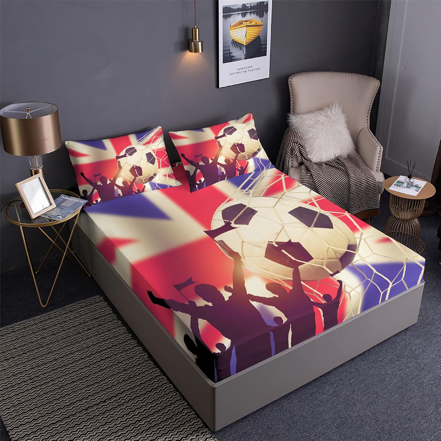 England Soccer Design Fitted Sheet Set England National Football Team Prints Bedding Set | with Fitted Sheet and 2 Pillowshams(3pcs) or Comforter(4pcs) (B,Full-3PCS)