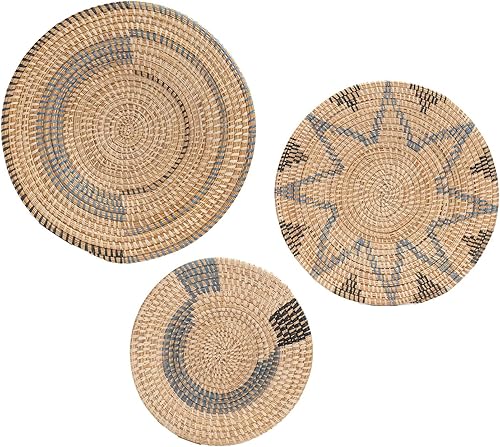 All Across Africa Juego de 3 platos de pared, decoración de pared bohemia, rafia natural, cesta de pared tejida con bucles fáciles de colgar, color