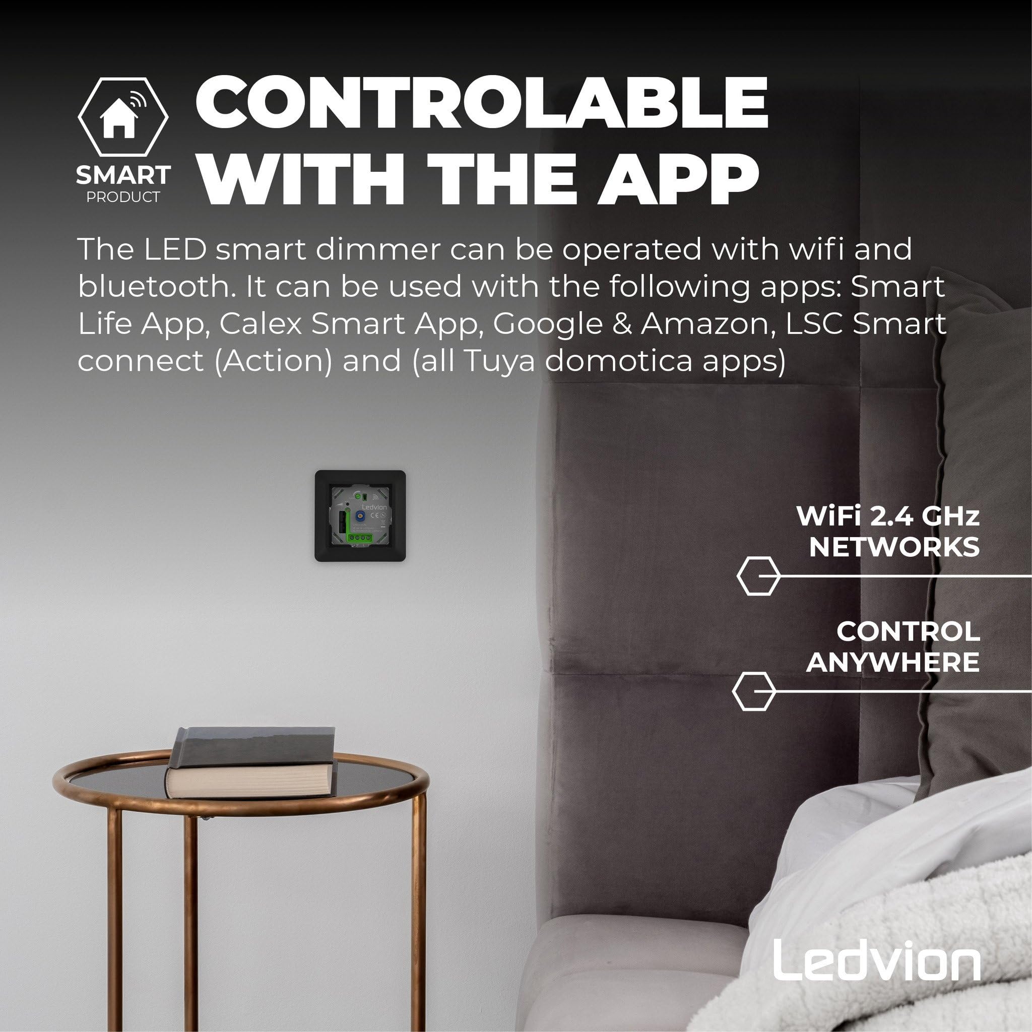 Ledvion - Interruttore Intelligente LED, LED 5-250W, Copertura Nera, Taglio di Fase, Dimmer Rotativo da Incasso, Variatore Rotativo LED