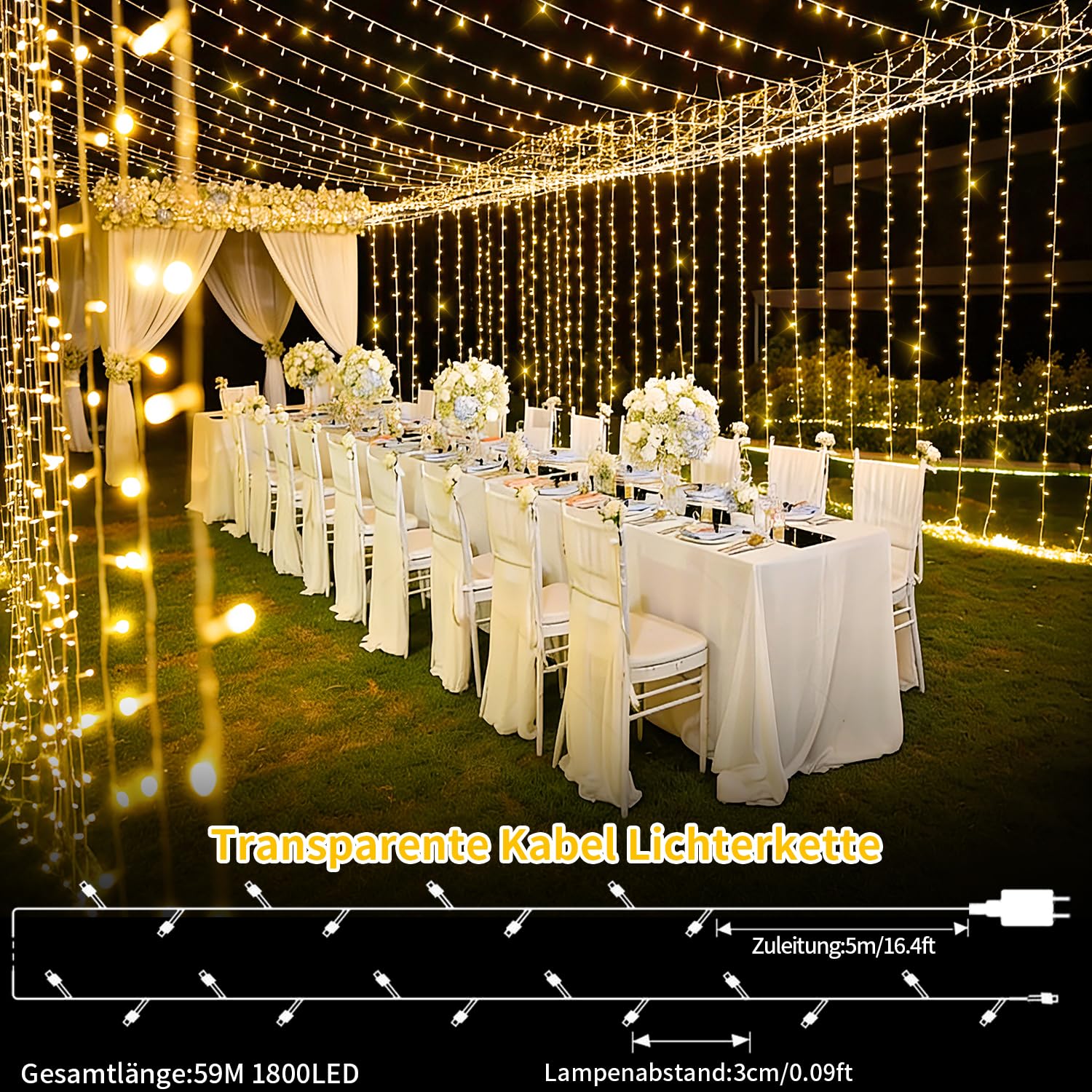 1800 LED Lichterkette Außen, 54M Lichterkette Outdoor Strom 8 Modi mit Fernbedienung Timer Weihnachtsbeleuchtung Außen Transparente Kabel Wasserdicht für Hof Garten Party Hochzeit Haus (Warmweiß)