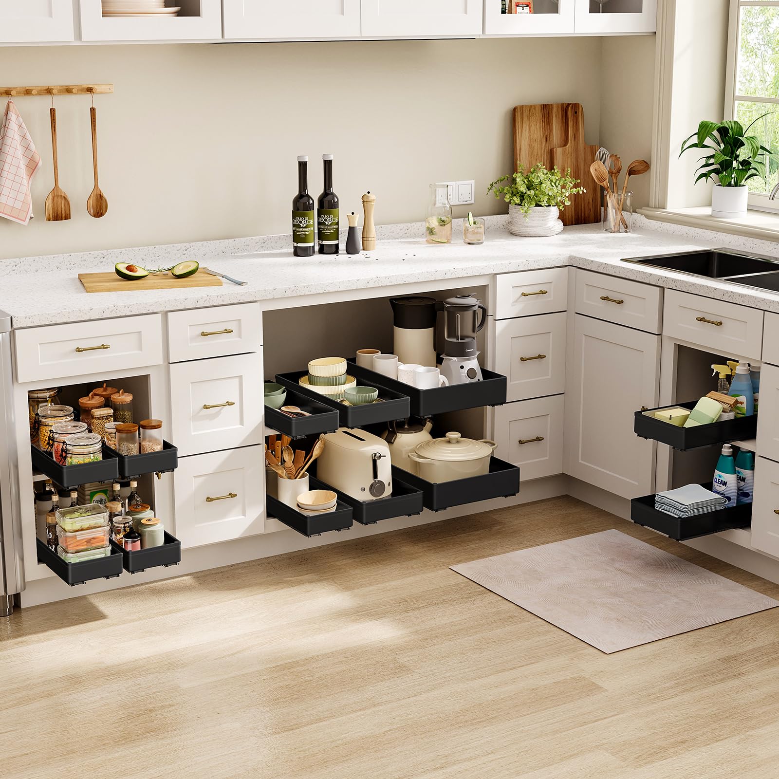 SOLEDI Ausziehbarer Schrank-Organizer, ausziehbare Schubladen für Schränke, ausziehbare Schubladen für Schränke, Schubladen, Küchenschränke, Speisekammer, Badezimmerschrank, Schwarz, 3 Stück
