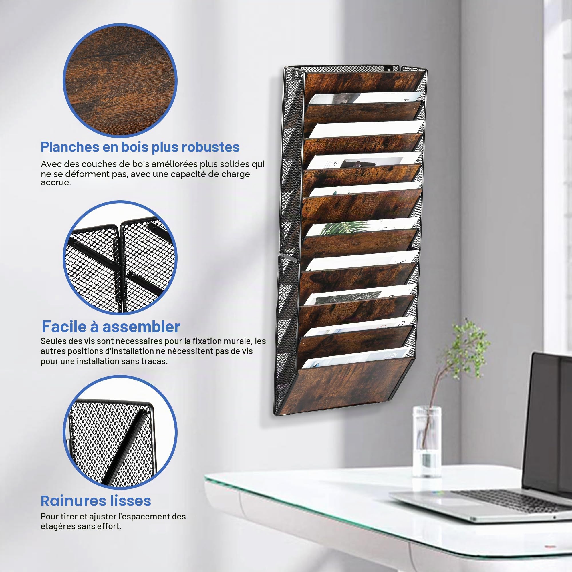 Porte Document Mural 10 Étages en Bois - Organisateur Bureau A4 pour Papiers, Revues, Fichiers avec Rangement Intégré, Noir/Antique (Maison, École, Bureau)