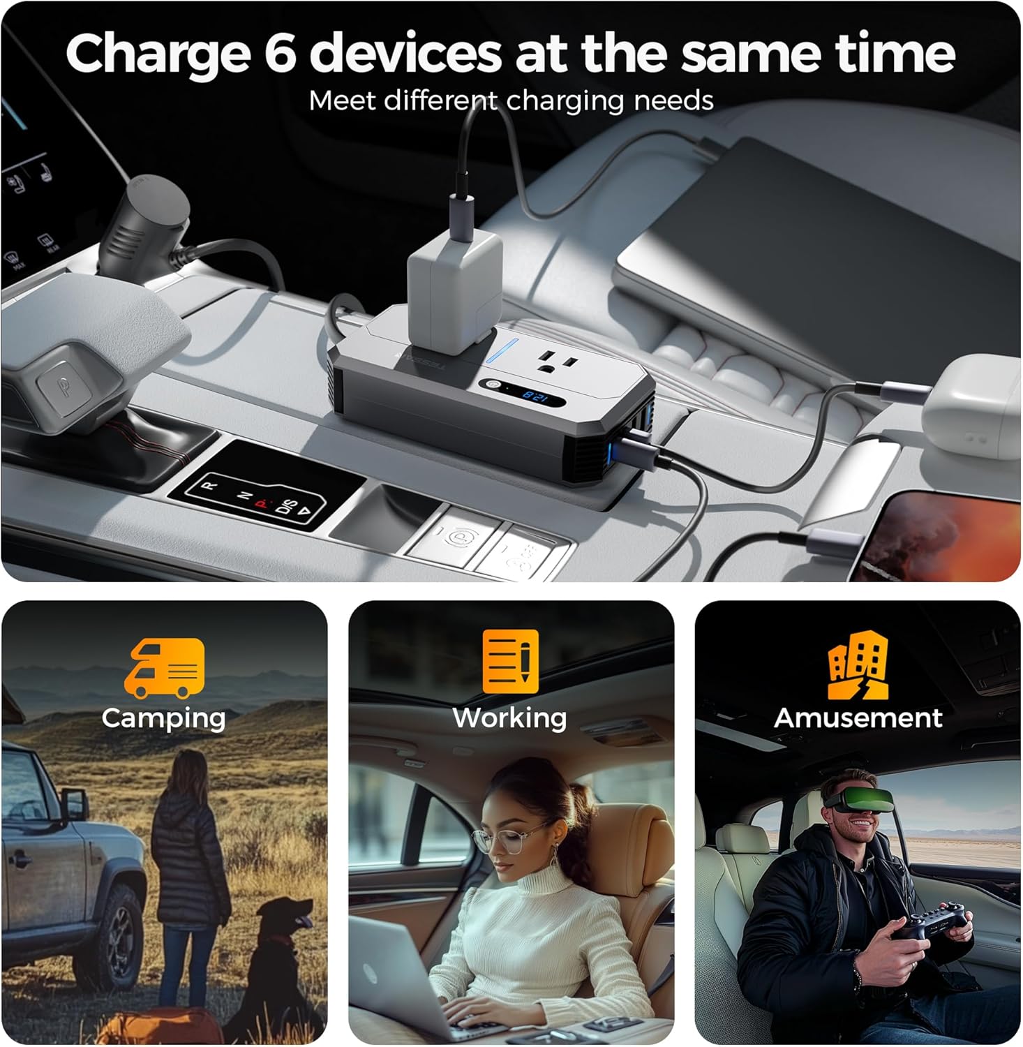 TESSAN Car Power Inverter charging multiple devices in a car, illustrating various usage scenarios like camping, working, and amusement