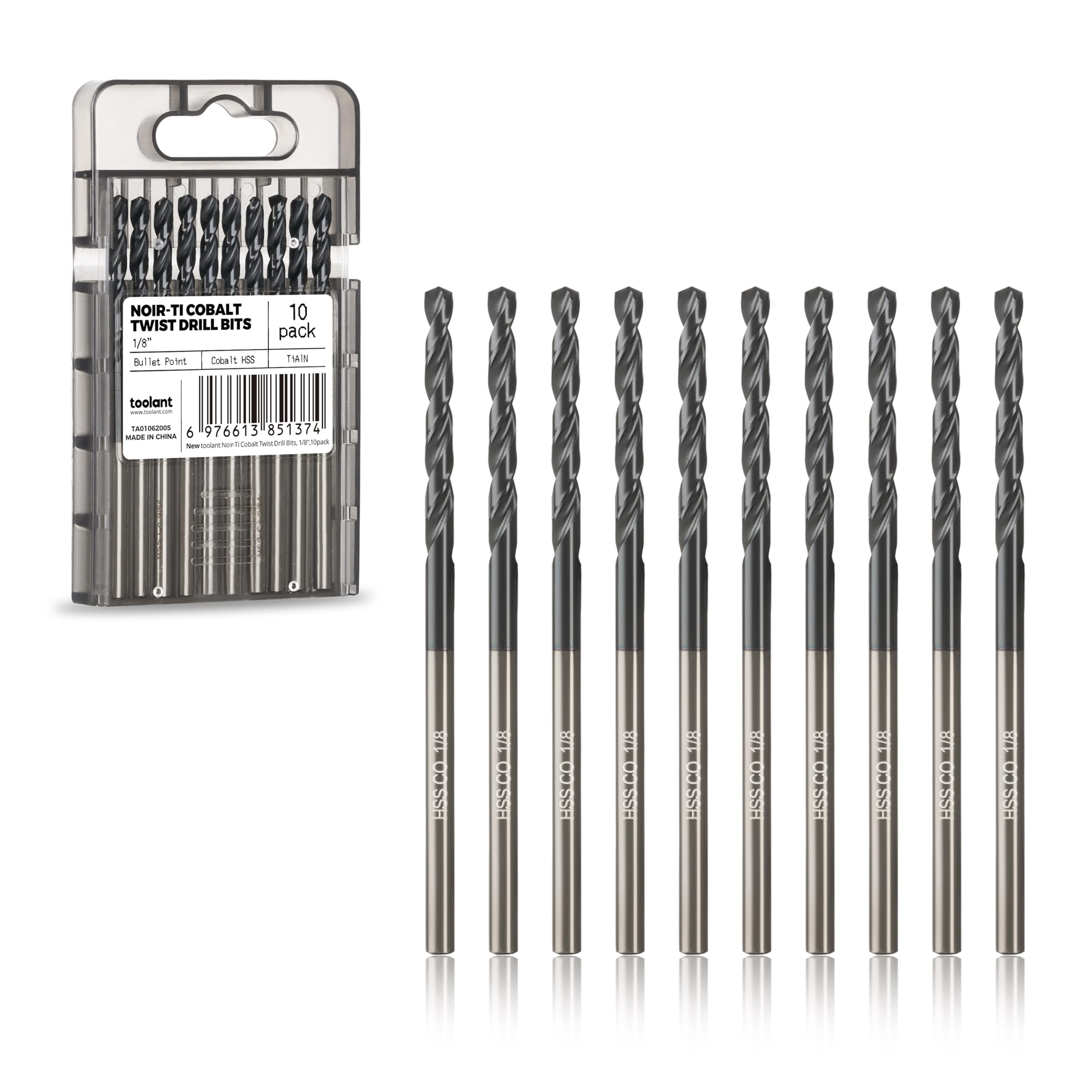 toolant 1/8" Cobalt Drill Bit Set(Pro) Titanium Aluminum Nitride Coated (TiAlN), 10-Piece Bulk