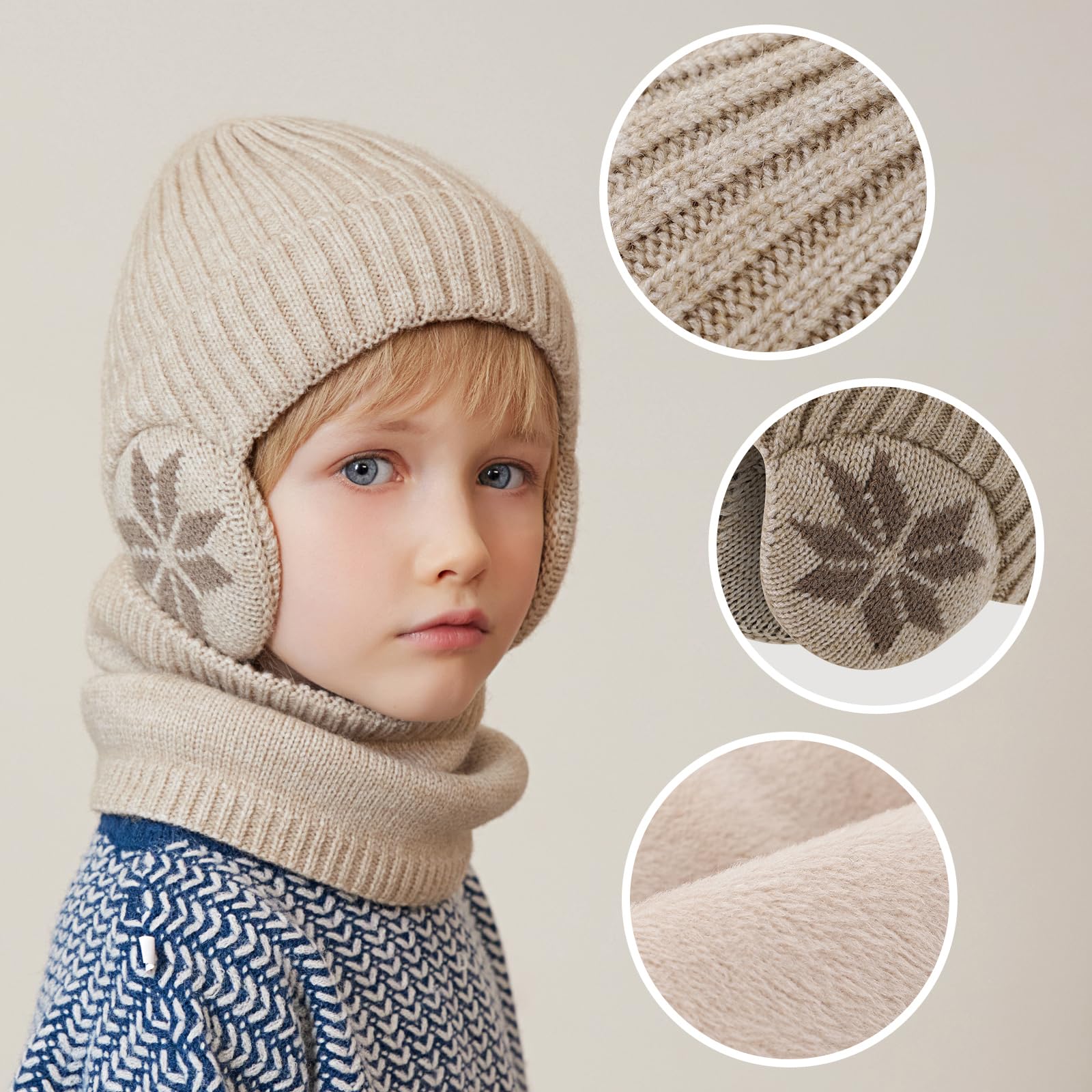 3-8 Año Set de Gorro y Bufanda Niño Invierno Gorro Lana con Orejeras Braga de Cuello Forro Polar