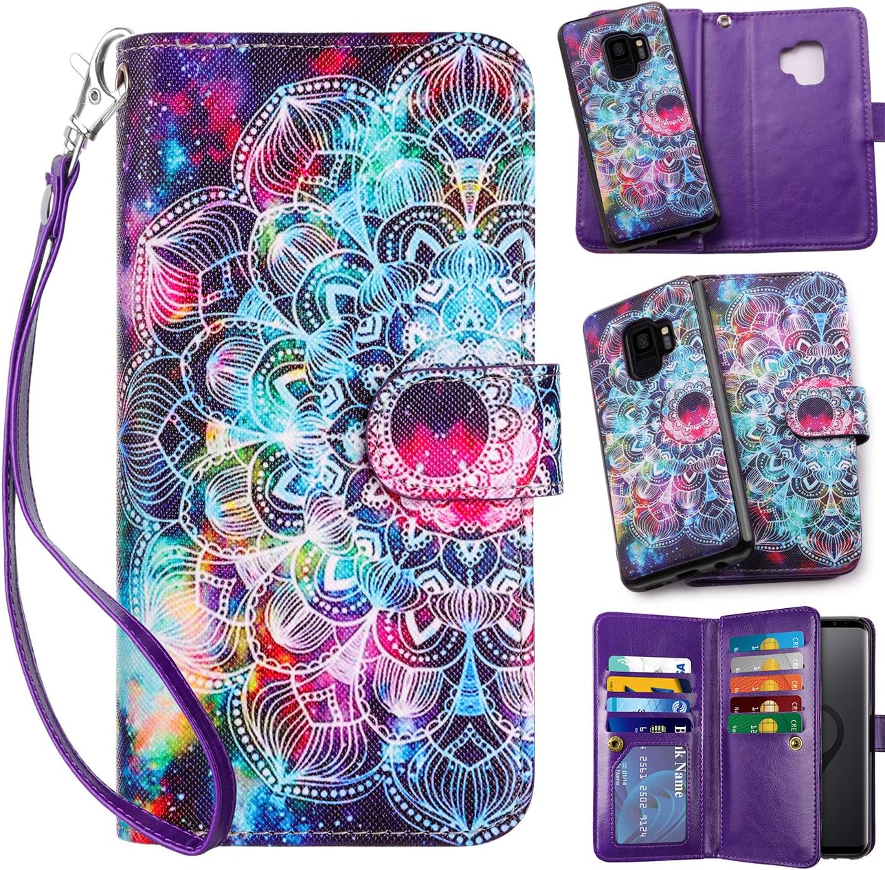 Vofolen for Galaxy S9 Case Wallet Credit Card Holder Slot 2-in-1 Cover Women Girl Detachable Strap Hybrid Protective Slim Hard Shell Magnetic PU Leather Folio Pocket Flip for Galaxy S9 Mandala Purple