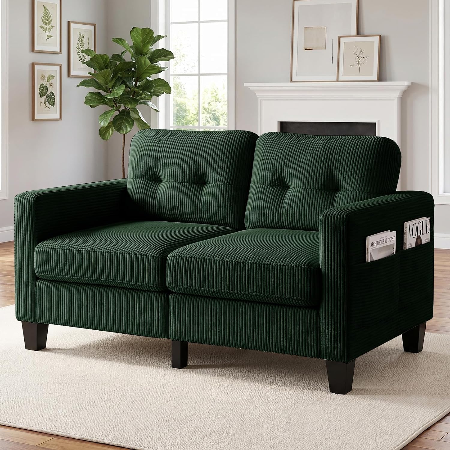 Mjkone 137 CM Loveseat Sofa with Side Pockets, Modern 2 Seater Sofa, Corduroy Love Seat Sofas with Ticken Cushion, High-Density Foam for Living Room/Apartment/Office/Small Space - Green