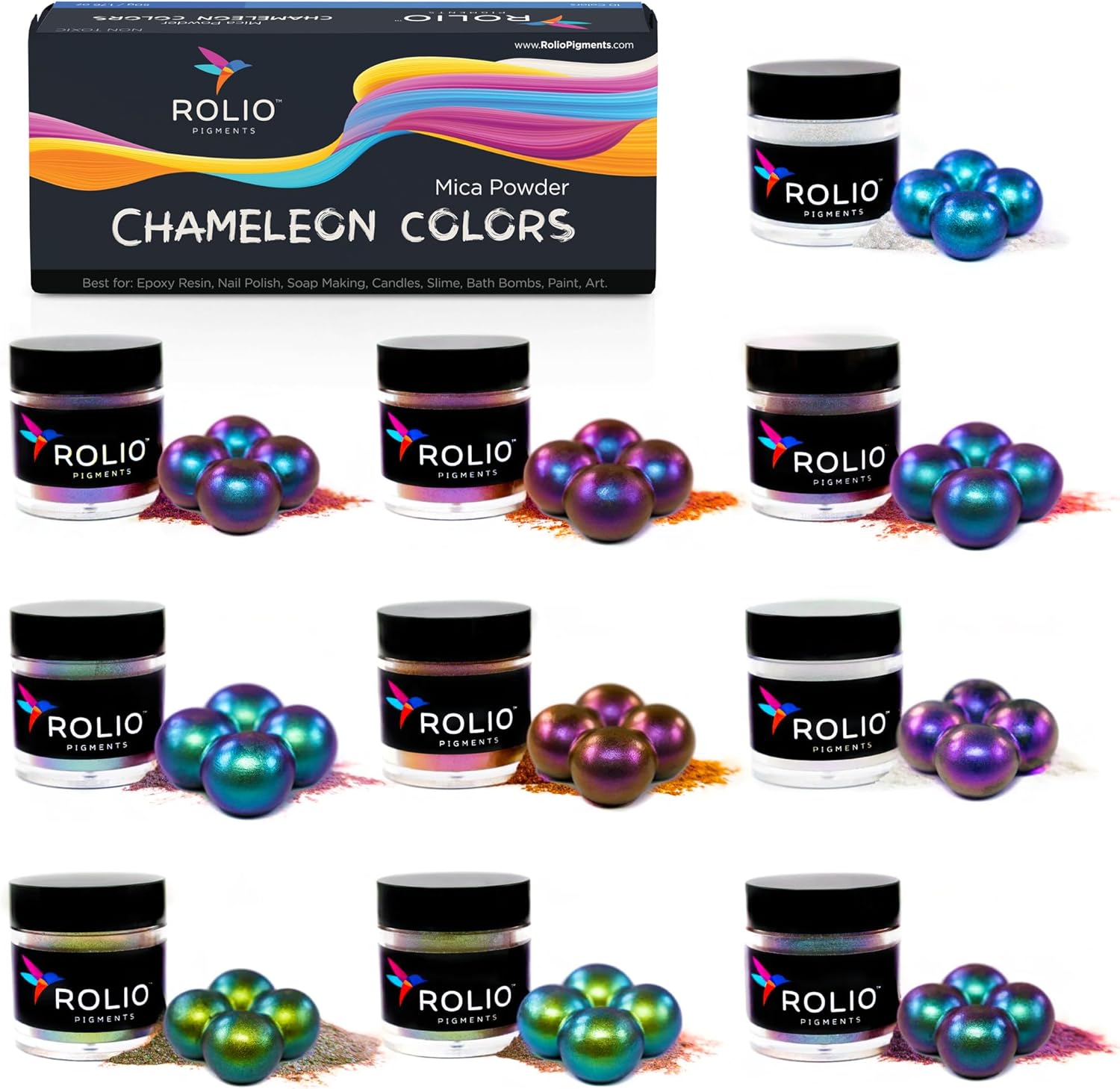 Rolio - Chameleon Mica Powder, Shift Powder Pigment for Epoxy Resin, Arts and Crafts, Jewelry, Tumbler, Painting, Nail Art - (10 Colors x 5g Jars)