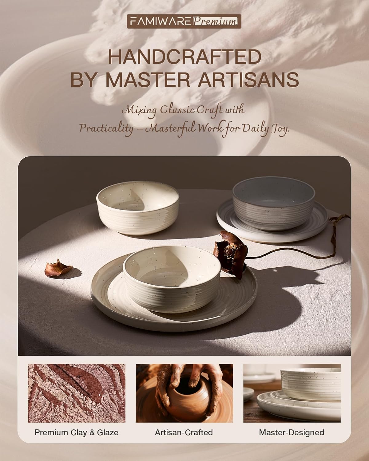 Stoneware Dinnerware Set, Highly Chip and Scratch Resistant Everyday Plates and Bowls for 8 (24pcs), Reactive Glaze Speckled Ceramic Flared Dishes with Gift Box, Microwave Dishwasher Safe, Shell Beige