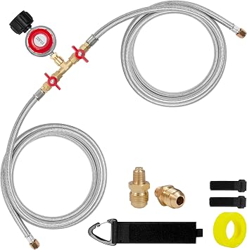 0-20 PSI Adjustable High Pressure Propane Regulator - 8FT Double Stainless Braided Y Splitter Hose with 1/8" MNPT Fitting, for 5lb-20lb Propane Tanks, Outdoor Burner, Turkey Fryer, Cooker