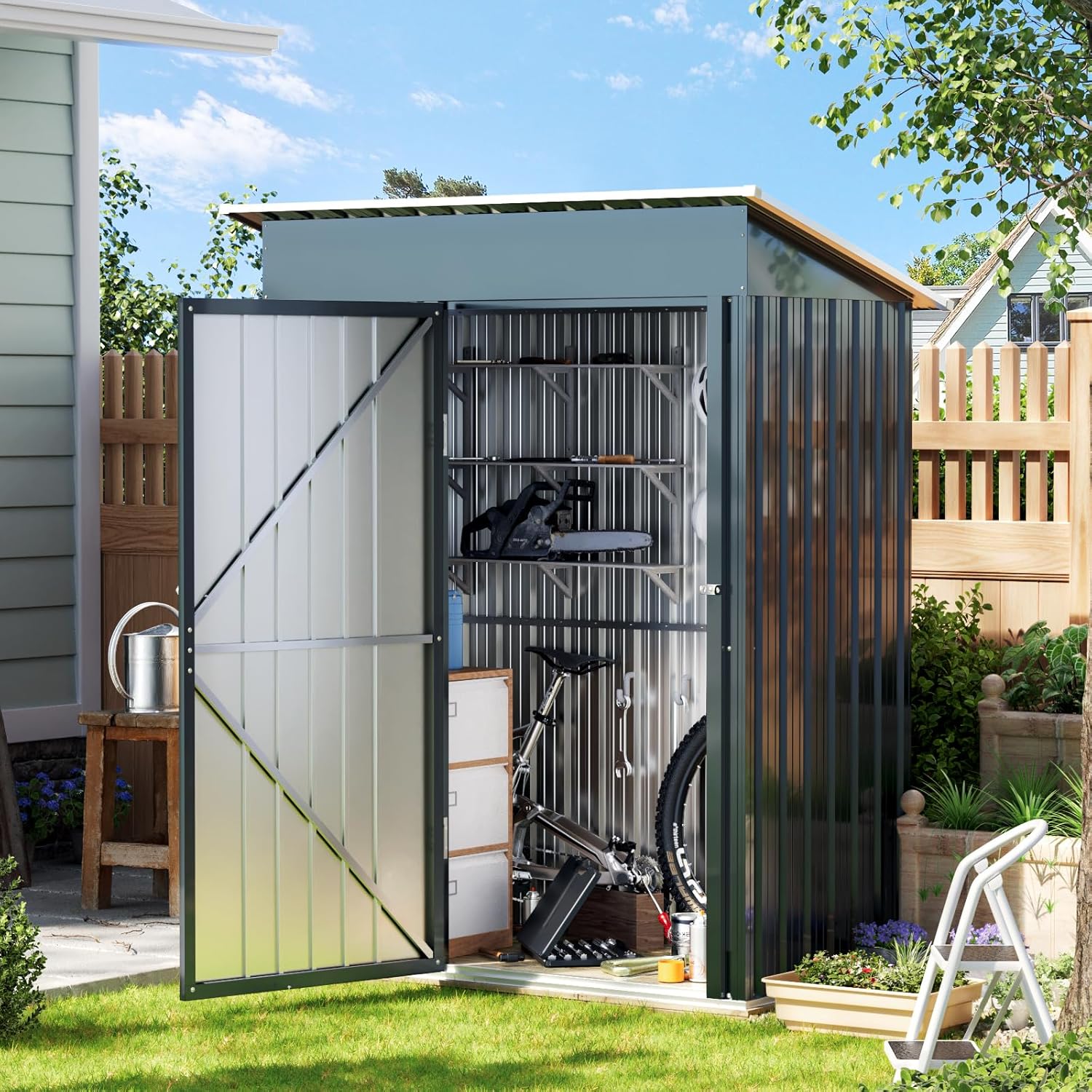 MistMo 5X3X6.1FT Outdoor Steel Storage Shed with Frame