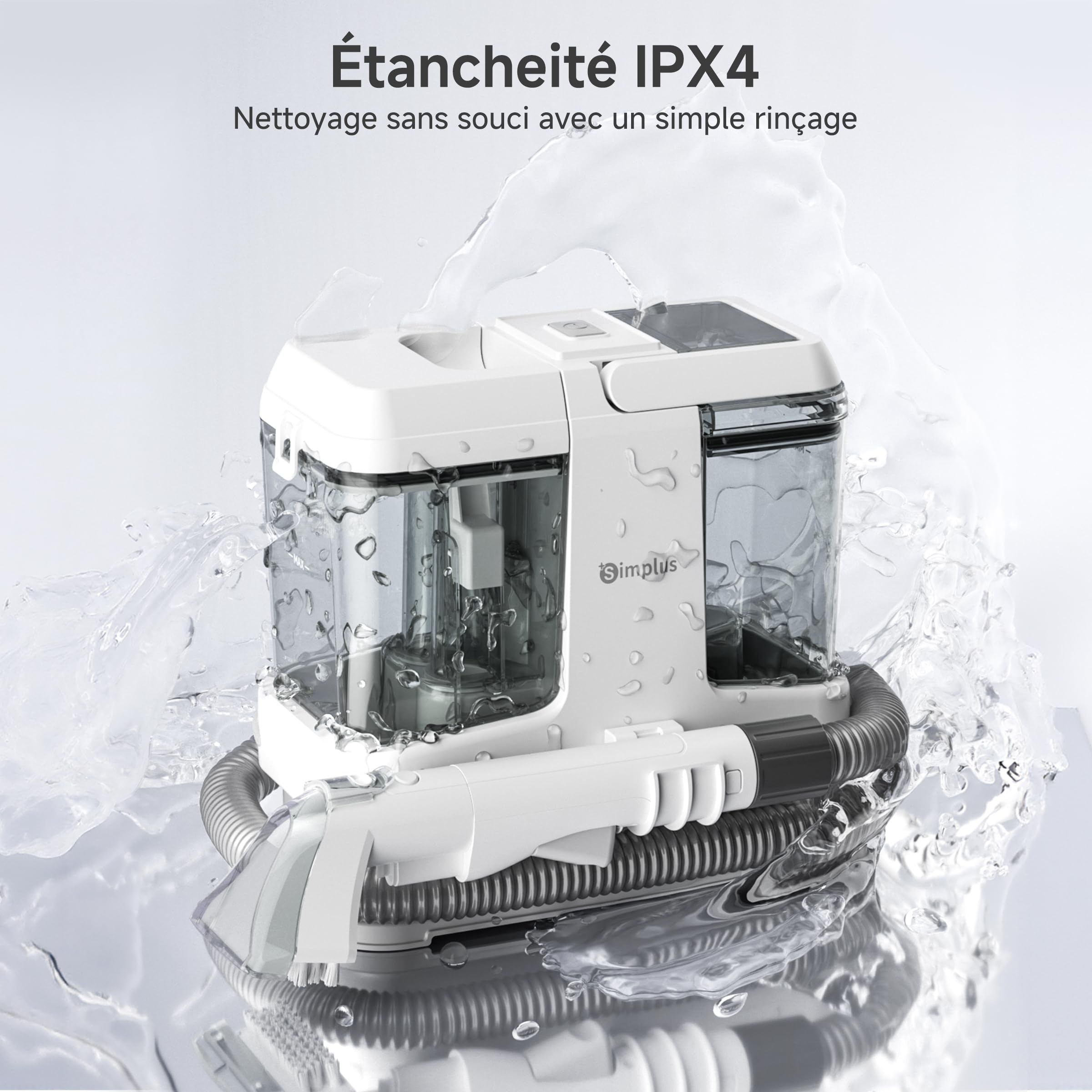 SIMPLUS Shampouineuse Canapé avec Fonction Autonettoyante, Nettoyeur Tissus Puissant 15000Pa, Idéal pour Poils d’Animaux, Nettoyeur Tapis/Matelas/Voiture/Moquettes, Réservoir Double