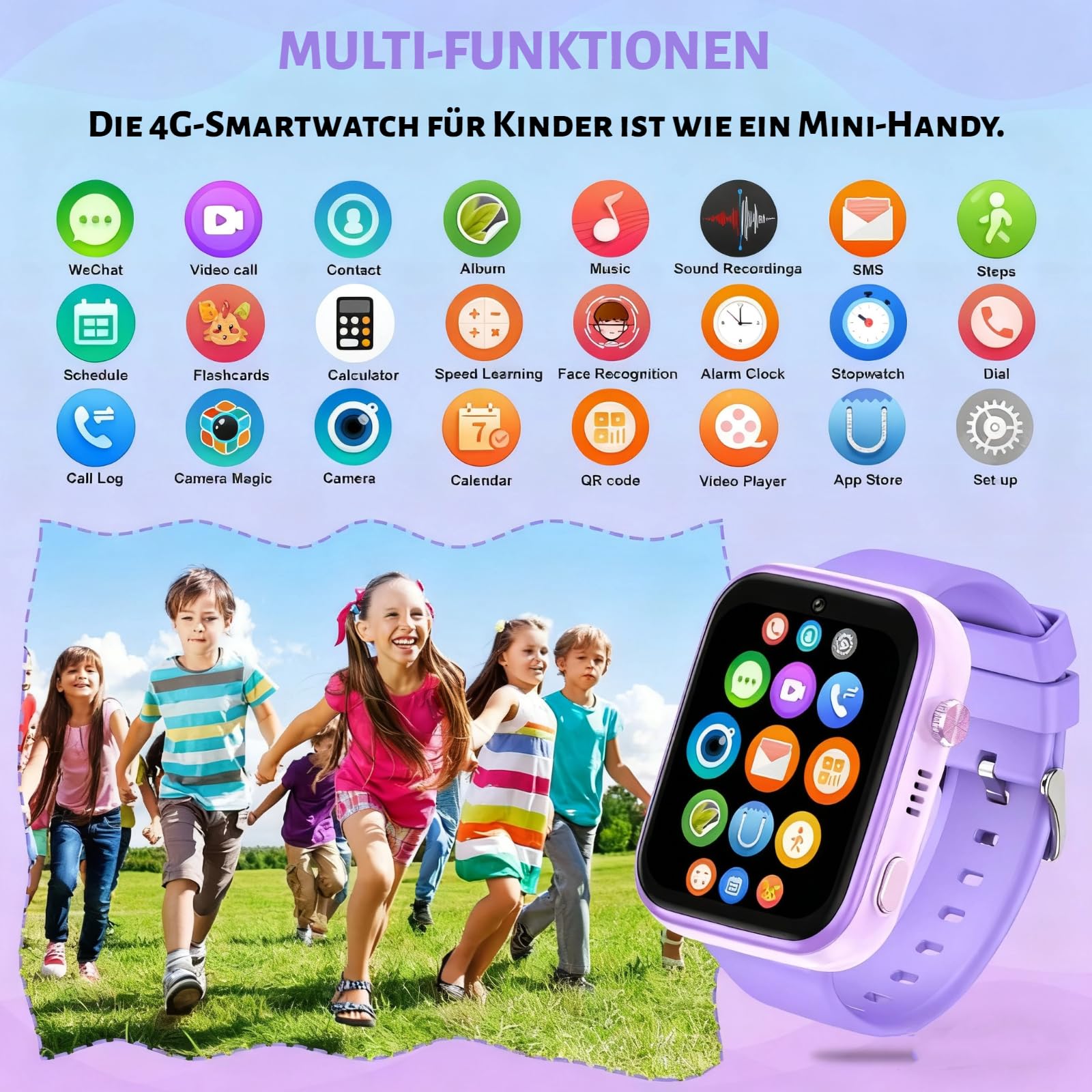 OKYUK Smartwatch dziecięcy 4G z trackerem GPS, dwukierunkowe połączenia, SOS, smartwatch z wieloma stylami pulpitu do wyboru dla 6-12 chłopców i dziewczynek (fioletowy)