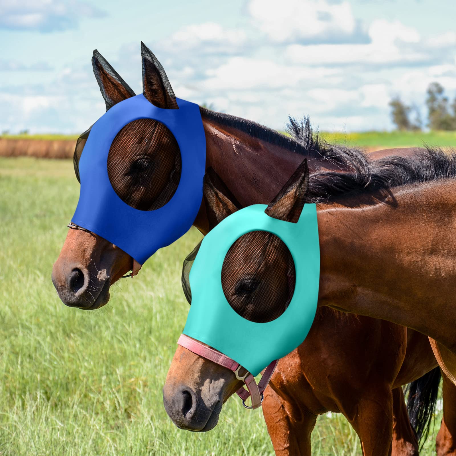 Frienda 4 maschere antimosche per cavalli, maschera antimosche per cavalli con protezione per le orecchie, maschera elastica liscia con protezione solare per cavalli (nero, grigio, blu, verde menta,