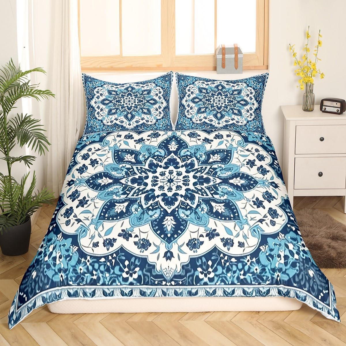 Erosebridal Vintage Bedding Sets King Art Deco Comforter Cover, Blue Oriental Medallion Bed Sets Boho Turkish Duvet Cover, Himalayas Bohemian Quilt Cover Microfiber Cozy Decoratives 3 Pieces