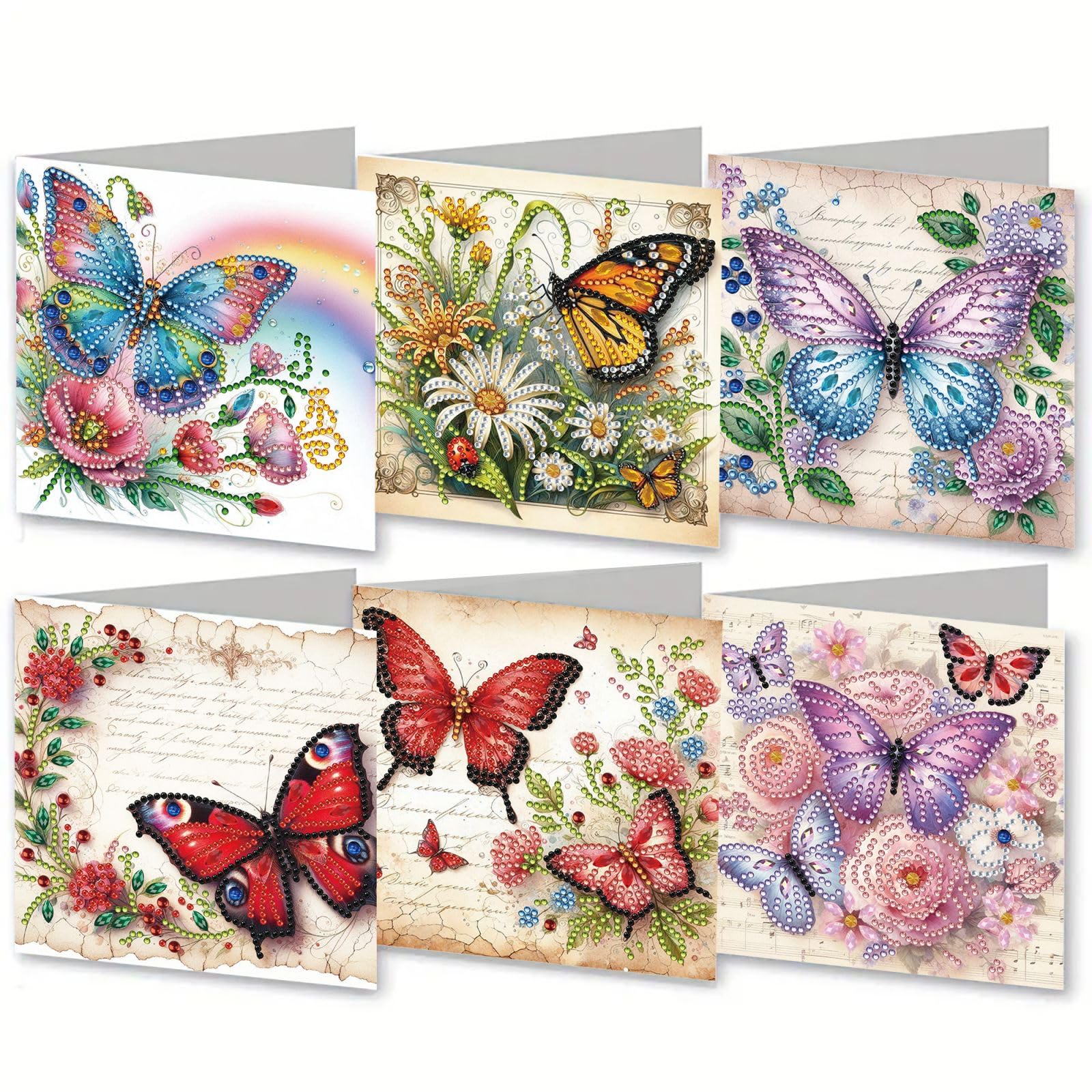 6 Pack 5D Diamond Art Painting Greeting Cards Set, DIY Diamond Art Card Kits with Envelopes, Handmade Craft Note Cards Gift for Women and Crafters-02-Butterfly