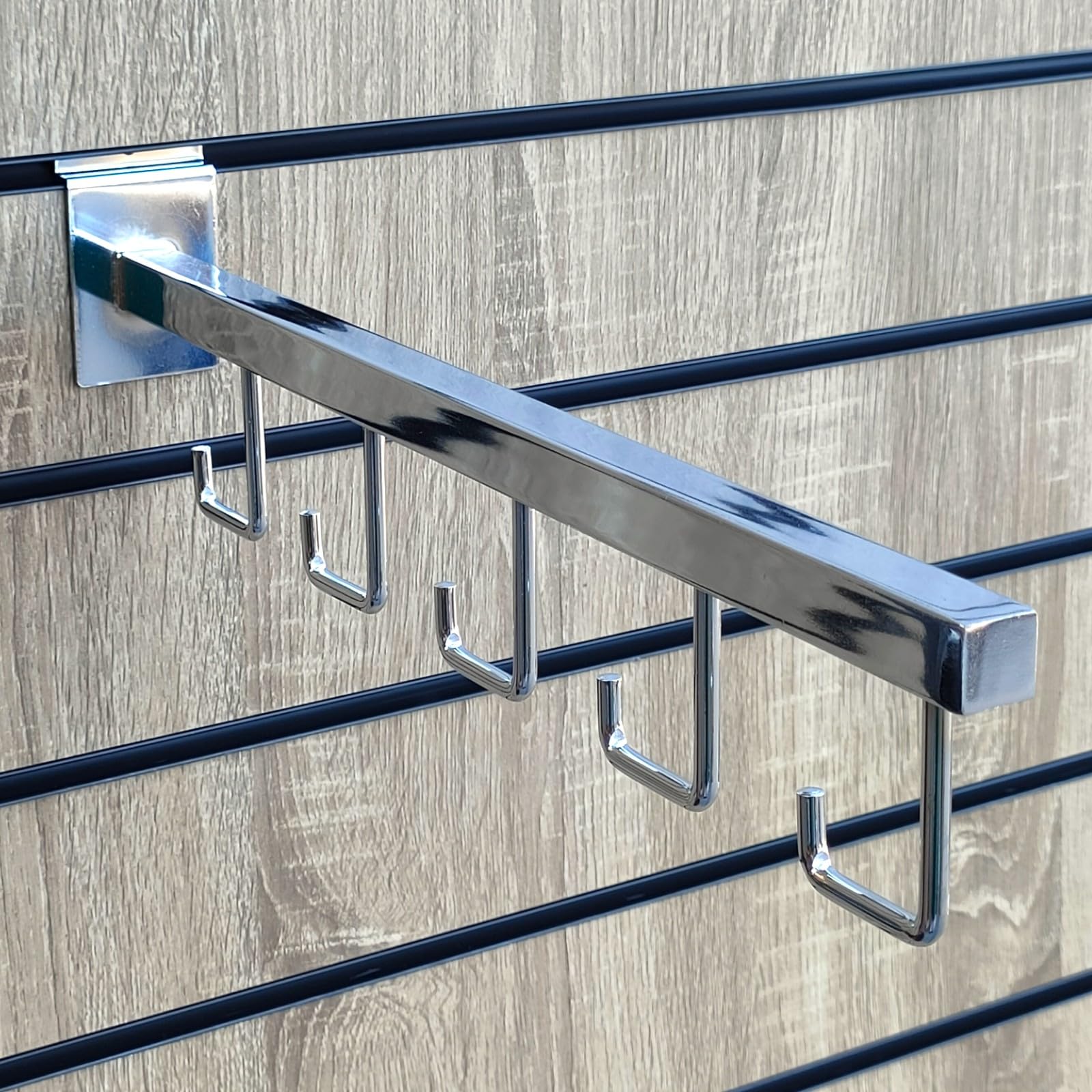 5 Hook Straight Slatwall Arm – 400mm Chrome Display Rail for Garments & Accessories – Retail Display Hook for Shops, Boutiques, Showrooms