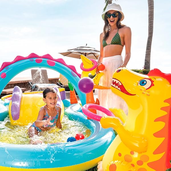 Intex-57135NP Dinoland Play Center-Inflatable water play center, assorted model (with and without volcano), multi-colored, 333x229x112 cm-280 Liters (57135NP) - 2