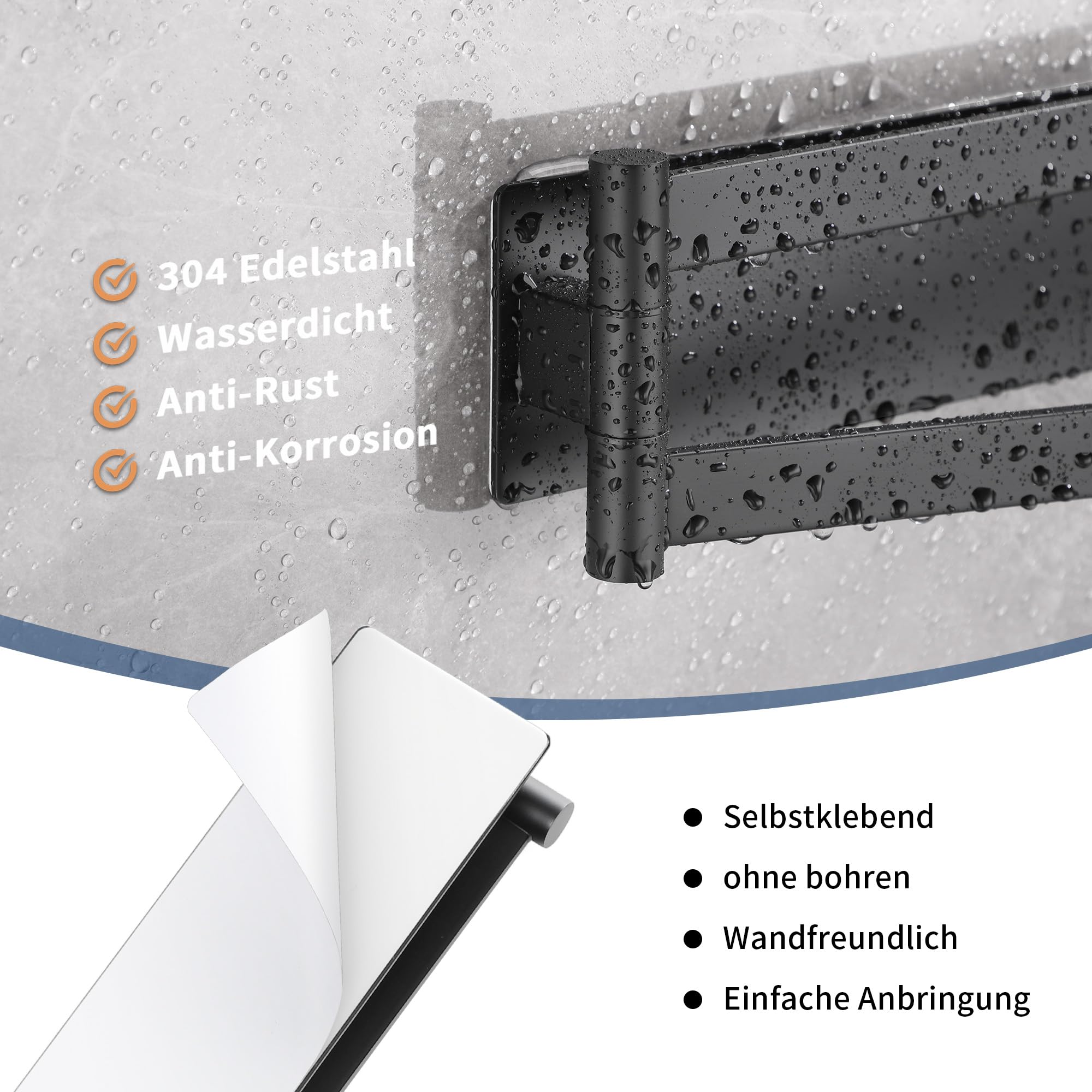 Porta Asciugamani Bagno Adesivo, Adesivo Portasciugamani Doppio e Girevole a 180°, Senza Foratura Porta Asciugamano da Parete in Acciaio SUS304, Nero Porta Salviette da Cucina e Doccia, 39cm