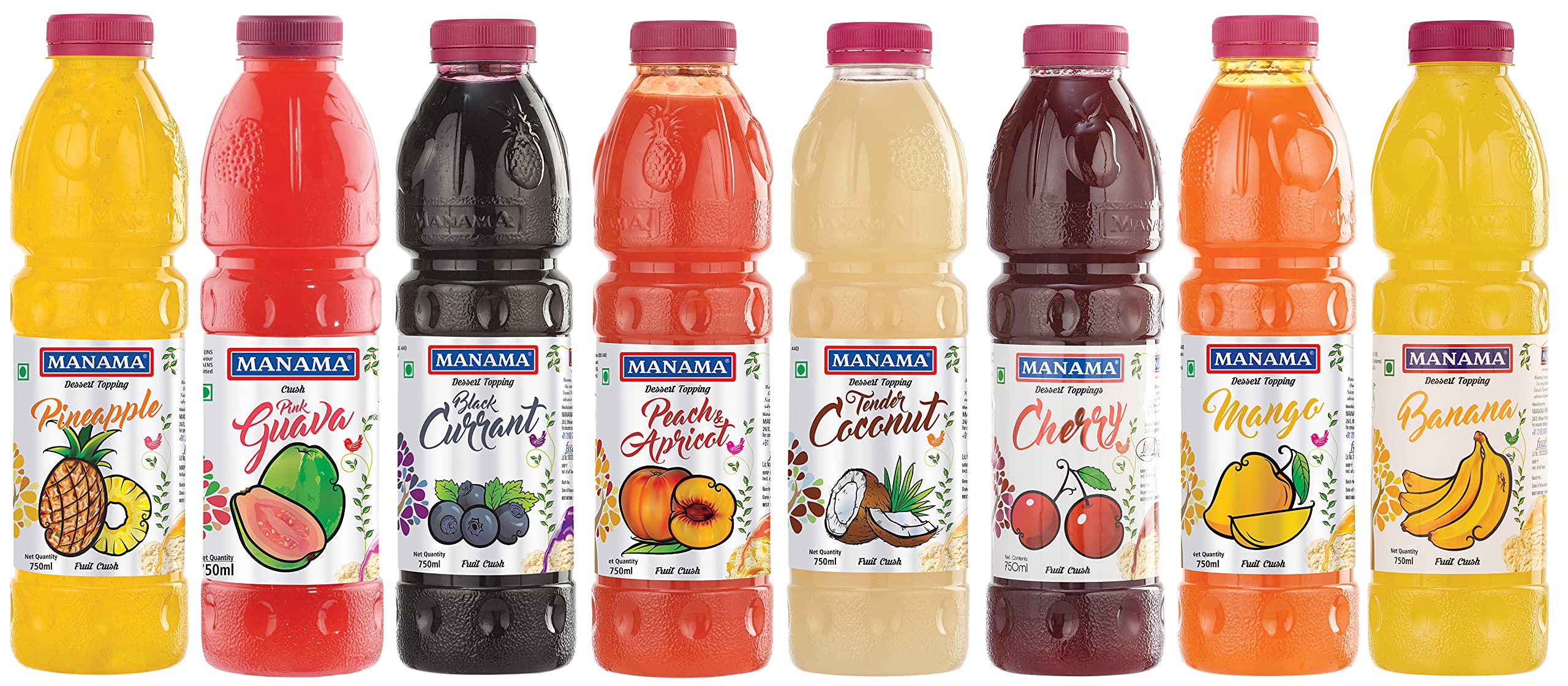 Manama Pineapple, Pink Guava, Black Currant, Peach and Apricot, Tender Coconut, Cherry, Mango, Banana Fruit Crush for Dessert Toppings, 750ML Each, Crush Combo Pack of 8