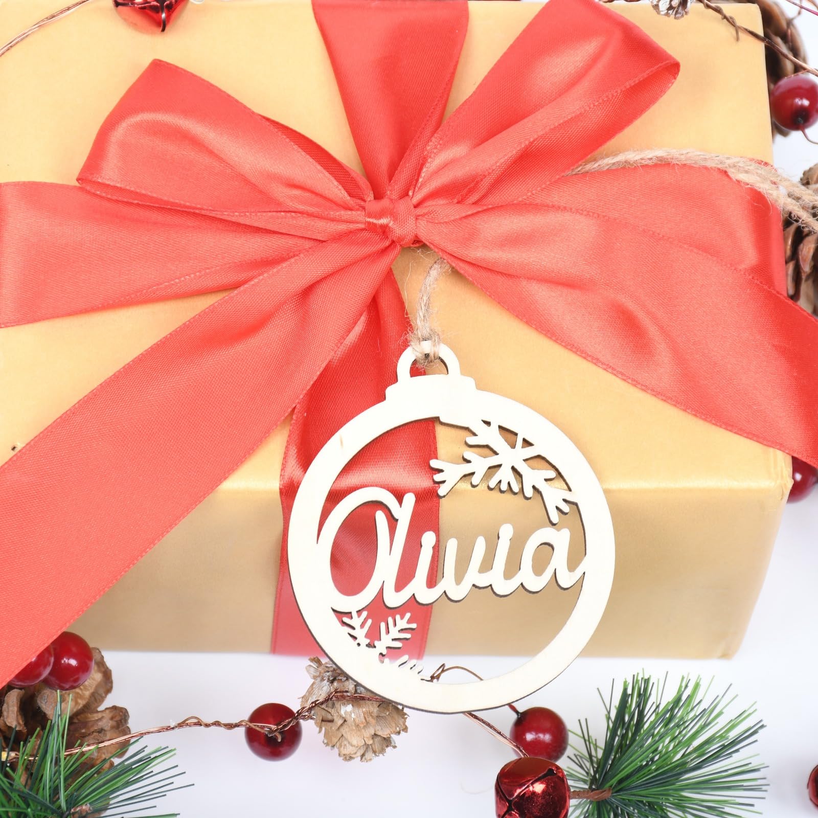 Personalisierte Weihnachtsbaum-Ornamente, moderne Feiertagsdekoration, lasergeschnittene Namen, Weihnachten, DIY, Holzkugel, Geschenk-Namensschilder (20 Stück, A)