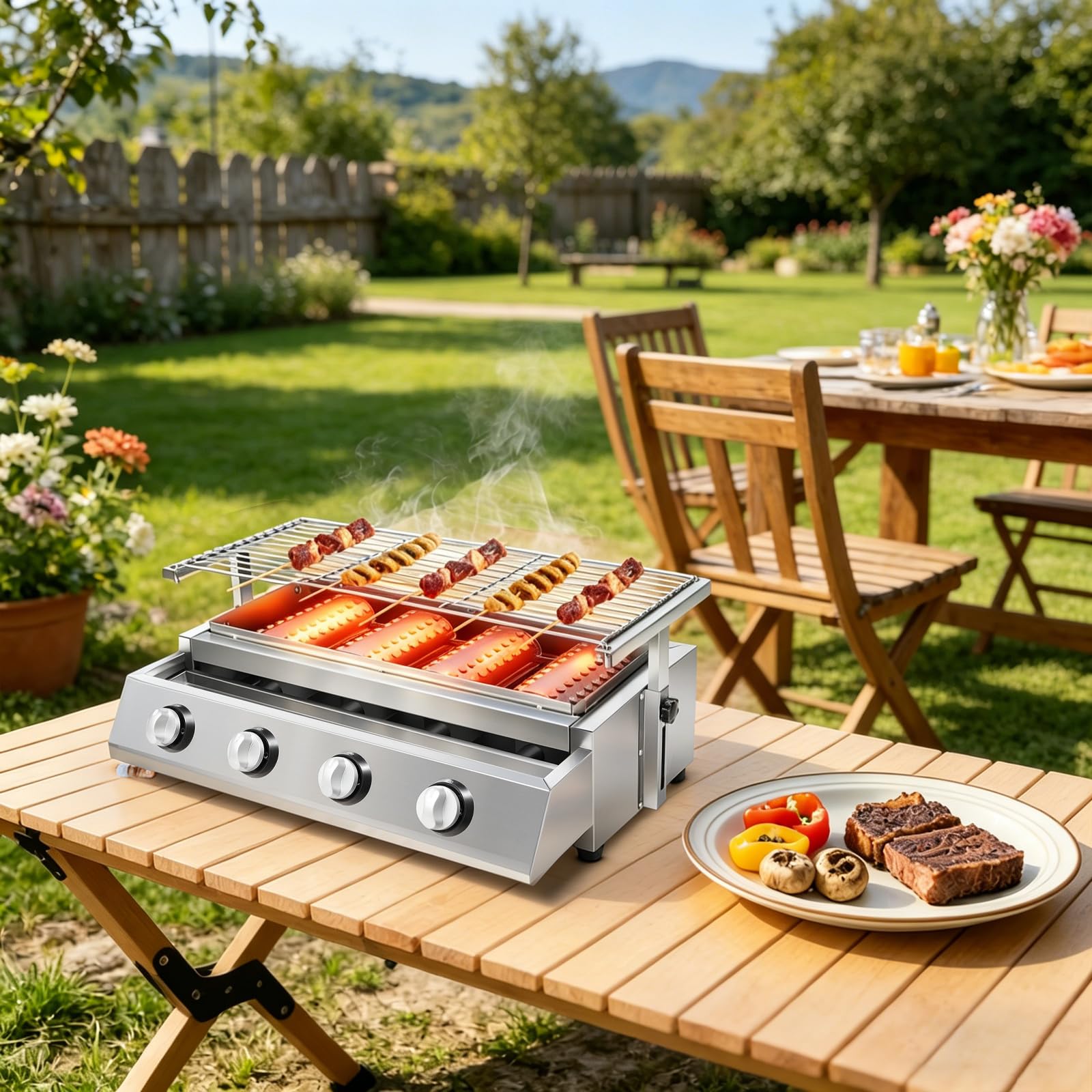 Parrilla de gas portátil de acero inoxidable, parrilla de gas profesional con parrilla, 4 quemadores de acero inoxidable, superficie de parrilla de aproximadamente 55,8 x 23,2 cm, parrilla de gas BBQ