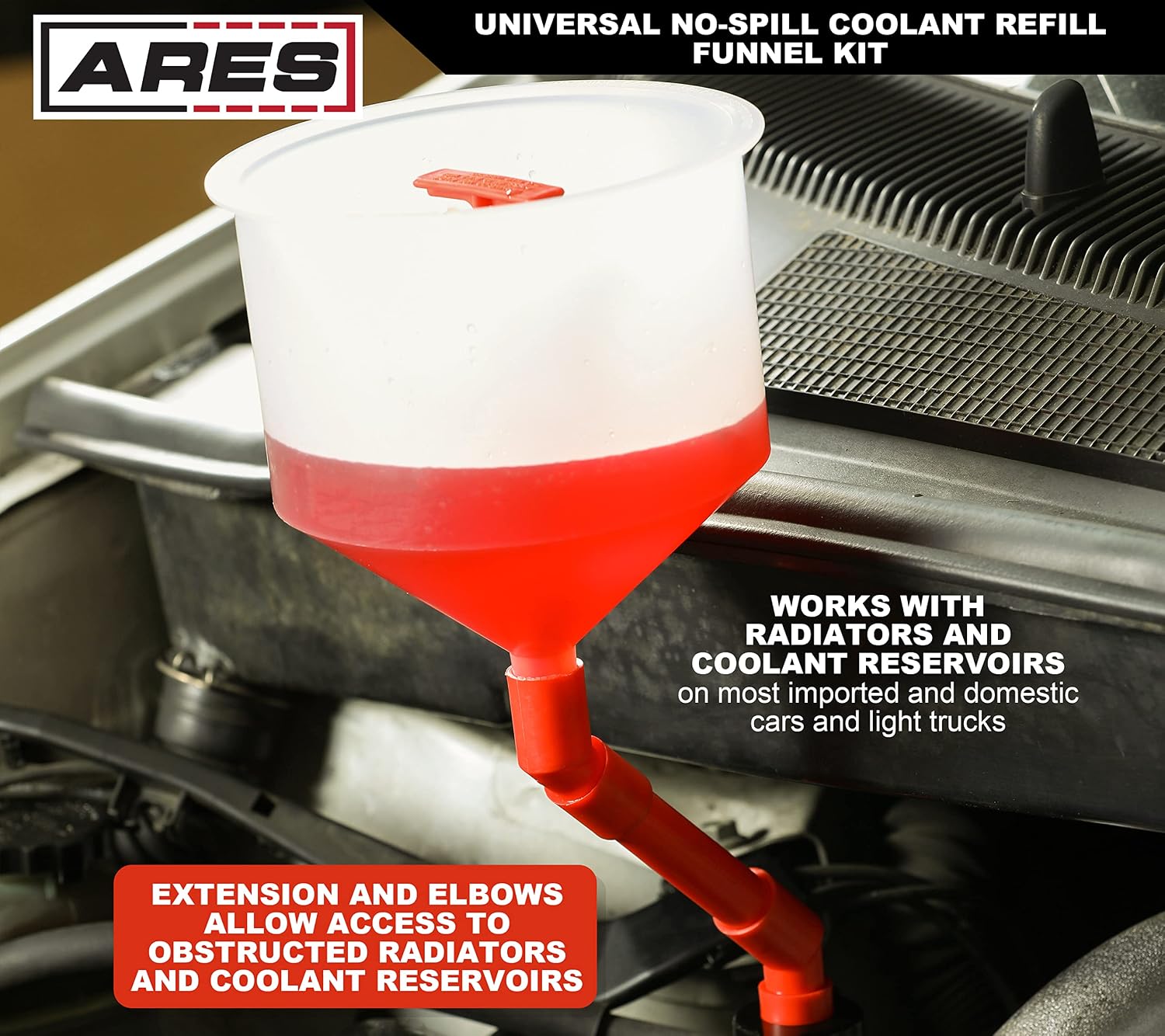 ARES 71005 – 18 Piece Spill-Free Coolant Refill Funnel Set - Eliminates Air Pockets and Squeaky Belts Due to Overflow Spillage– Versatile Angled Adapters – Adapters Compatible with Ford and VW/Audi