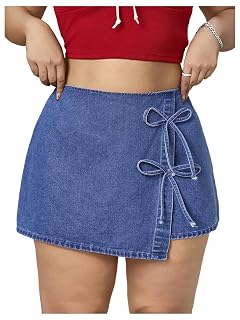 Floerns Womens Plus Size Wrap Denim Skirt Bow Asymmetrical Elastic Waist Short Skirts