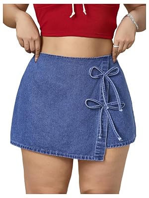 Floerns Womens Plus Size Wrap Denim Skirt Bow Asymmetrical Elastic Waist Short Skirts