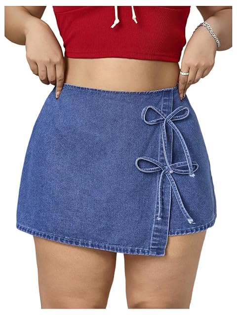 Floerns Womens Plus Size Wrap Denim Skirt Bow Asymmetrical Elastic Waist Short Skirts
