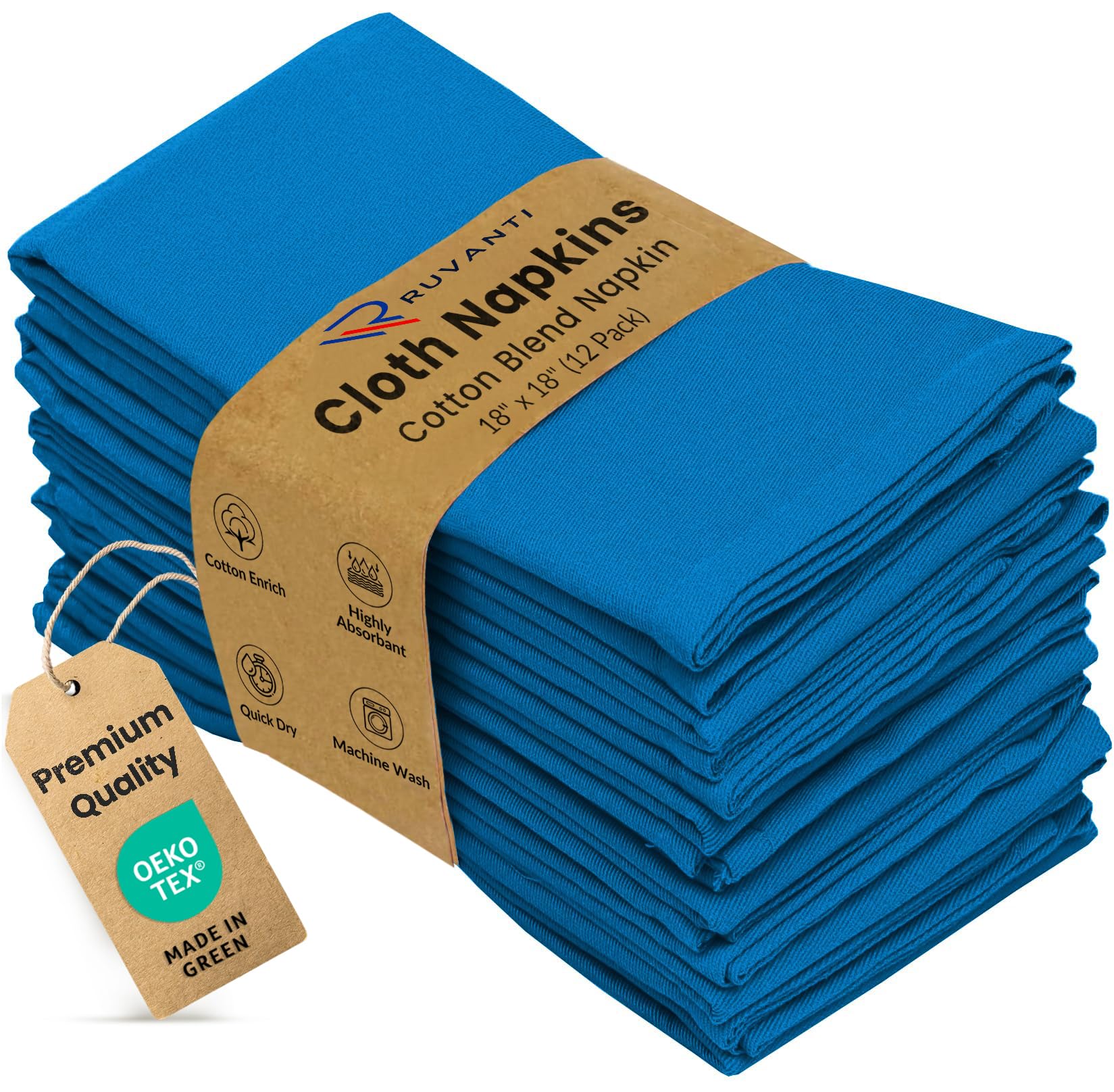 Cloth Napkins Set of 12, 18x18 Inches Napkins Cloth Washable, Soft, Durable, Absorbent, Cotton Blend. Table Dinner Napkins Cloth for Hotel, Lunch, Restaurant, Wedding Event, Parties - Blue